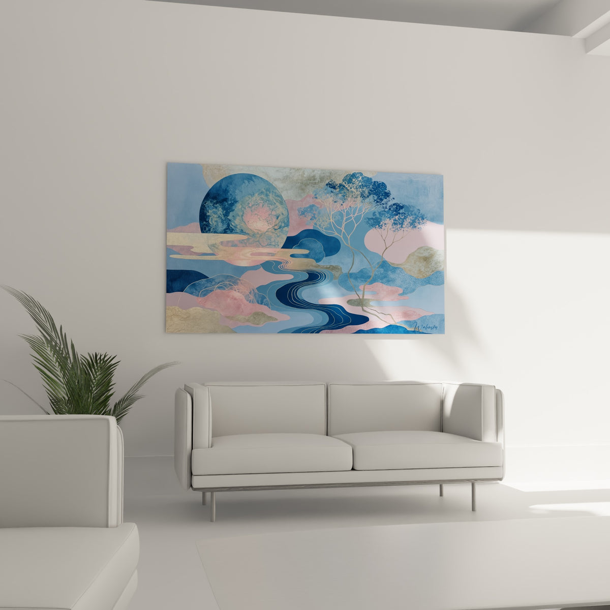 Collines roses et arbres bleu marine du tableau Planète au-dessus d'un canapé dans un salon lumineux