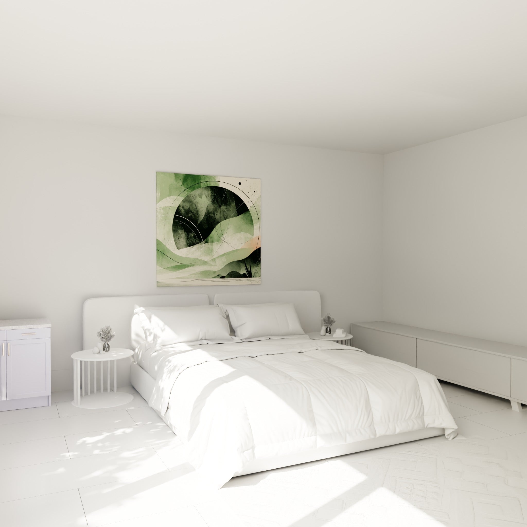 Astre sombre entouré de traits fins sur fond vert sauge et beige, au-dessus d'un lit dans une chambre claire