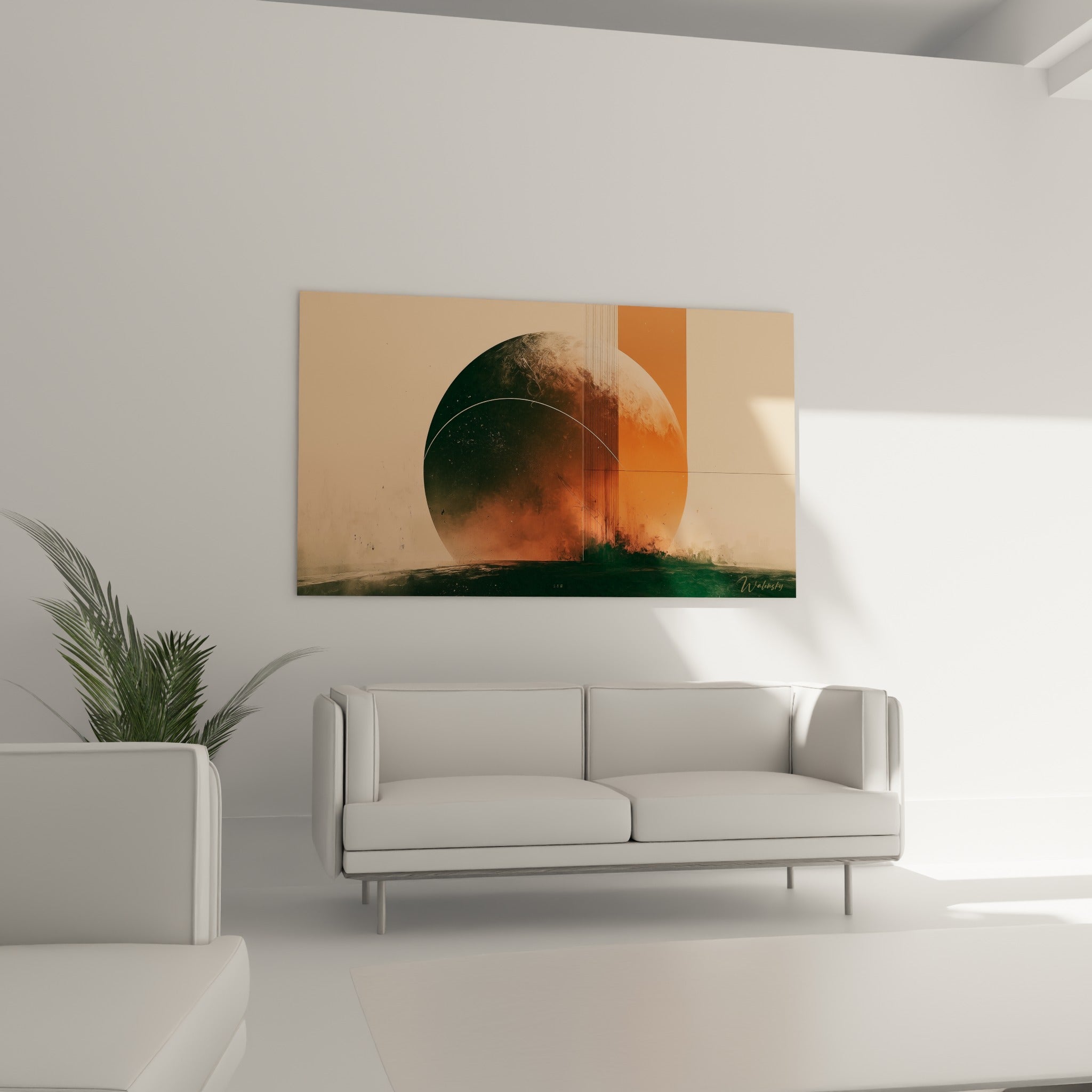 Composition planète orangé brûlé et beige accrochée au-dessus d'un canapé dans un salon lumineux