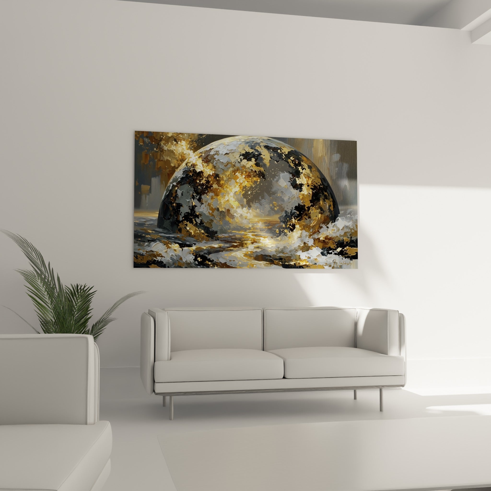 Composition cosmique dorée et grise du tableau Planète, suspendue au-dessus d'un canapé dans un salon lumineux