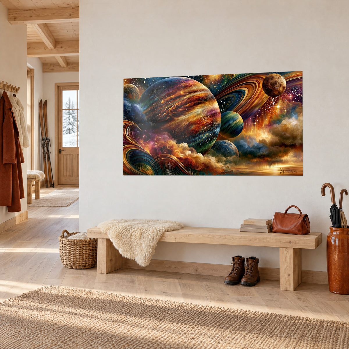 Tableau astre colossal aux bandes cuivrées et turquoise, lune brune et poussière d'étoiles, accroché au-dessus d'un banc de chalet