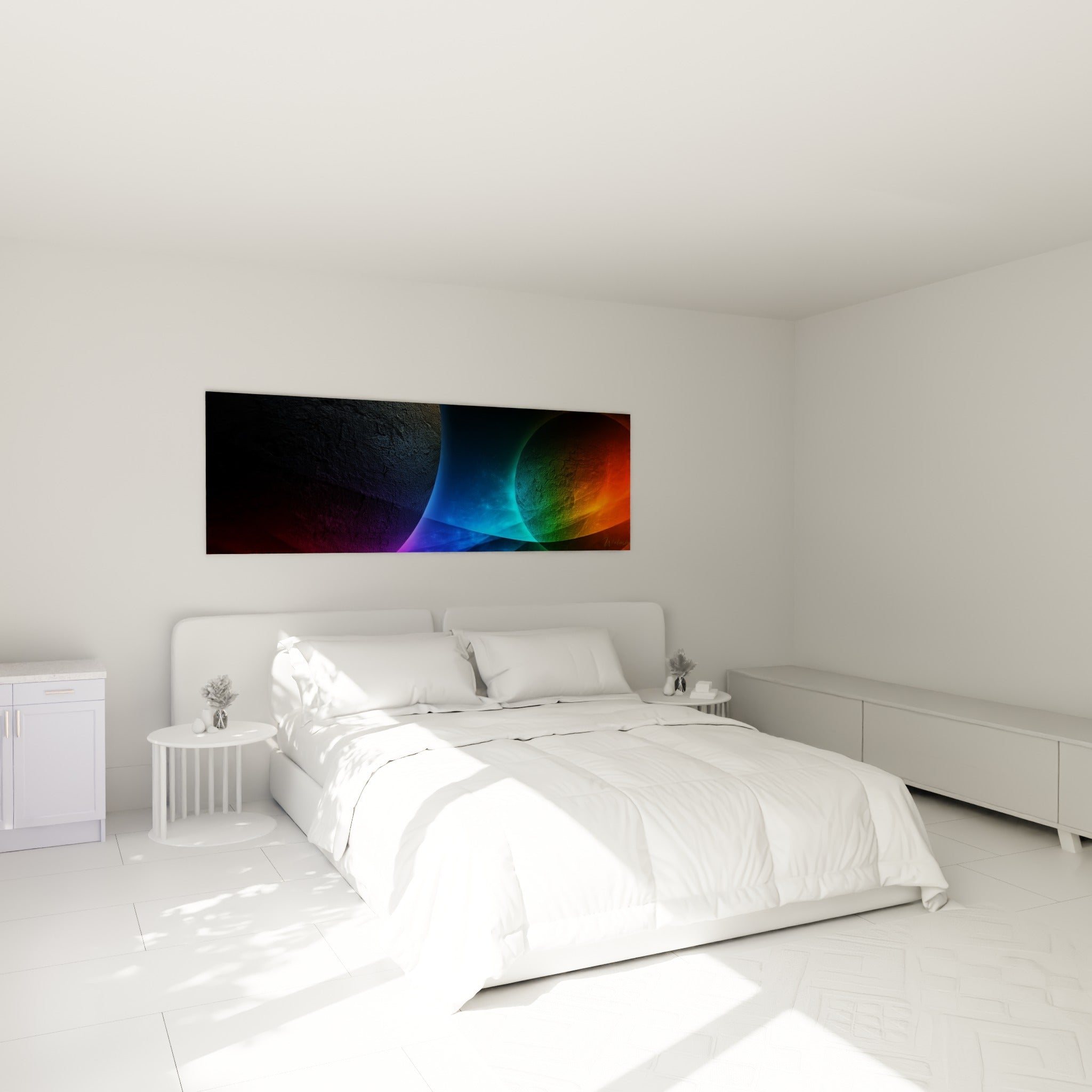 Sphères planète anthracite et orangé accrochées au-dessus d'un lit dans une chambre claire et épurée