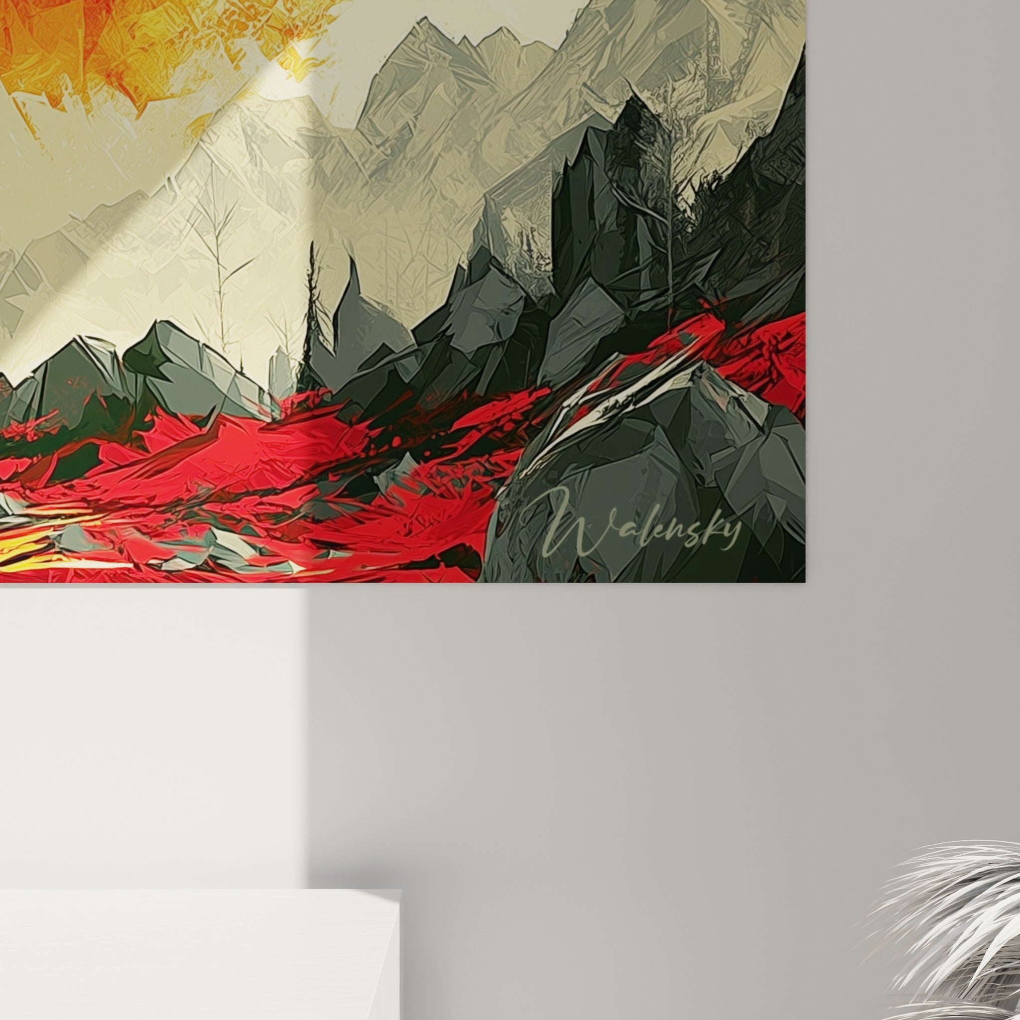 Empâtements orangés et coulures rouge sang se mêlant au grain anthracite du relief peint