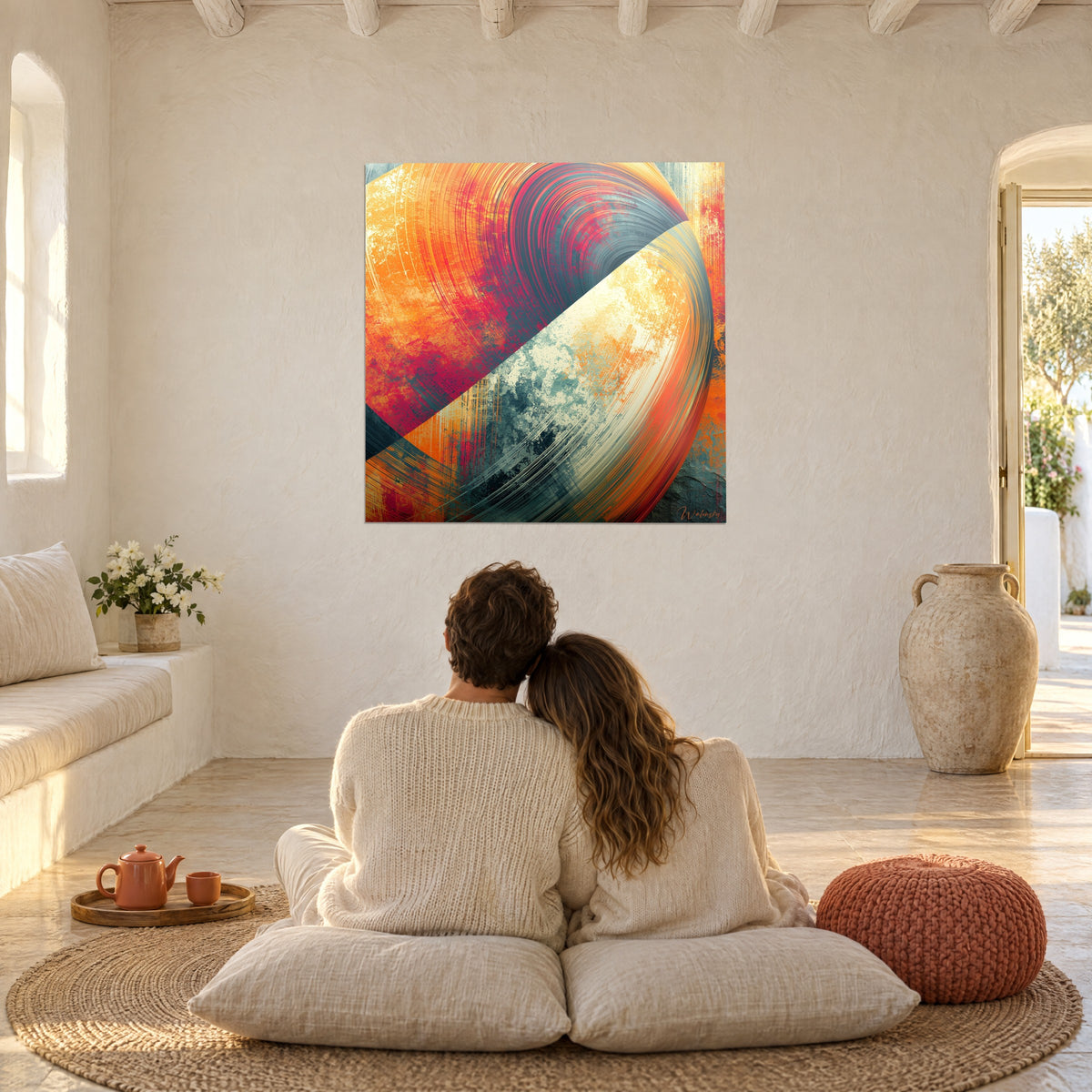 Tableau sphère abstraite écarlate, orange et crème craquelée, un couple enlacé de dos sur des coussins, dans un salon voûté