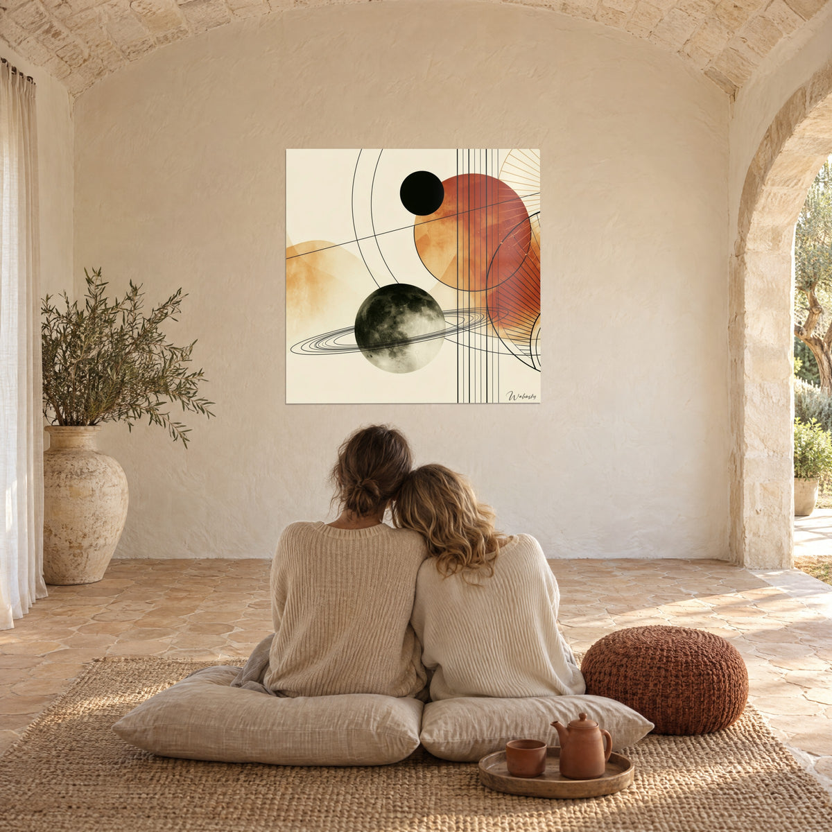 Tableau système planétaire stylisé, boule grise à anneaux, astre orange rouille et lignes verticales, contemplé par un couple de dos