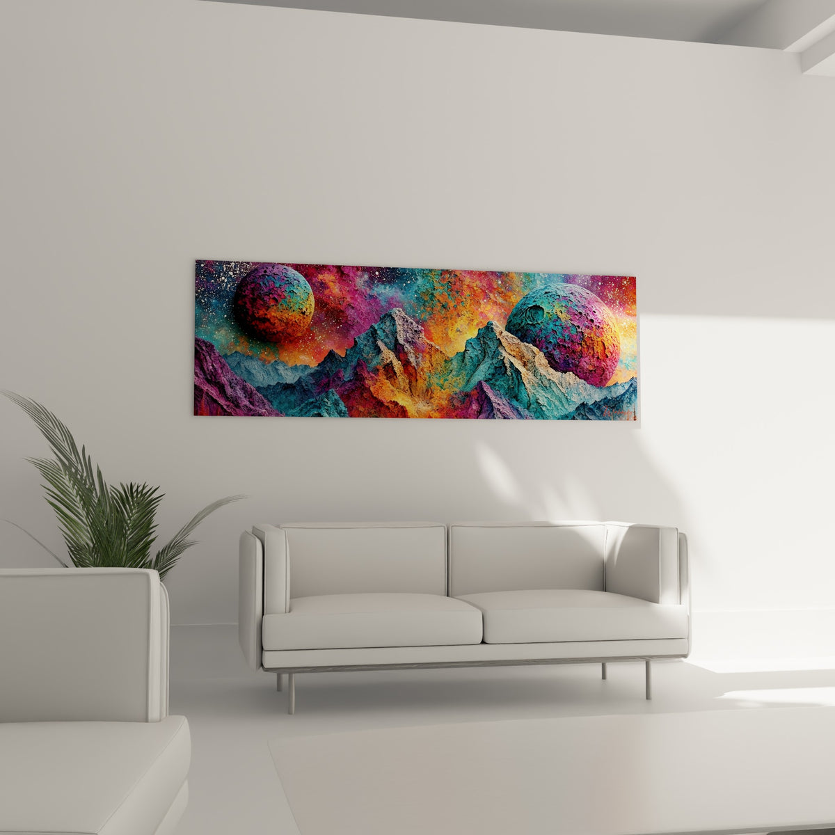 Crêtes rocheuses turquoise et orange dominées par des lunes cratérées, au-dessus d'un canapé dans un salon lumineux