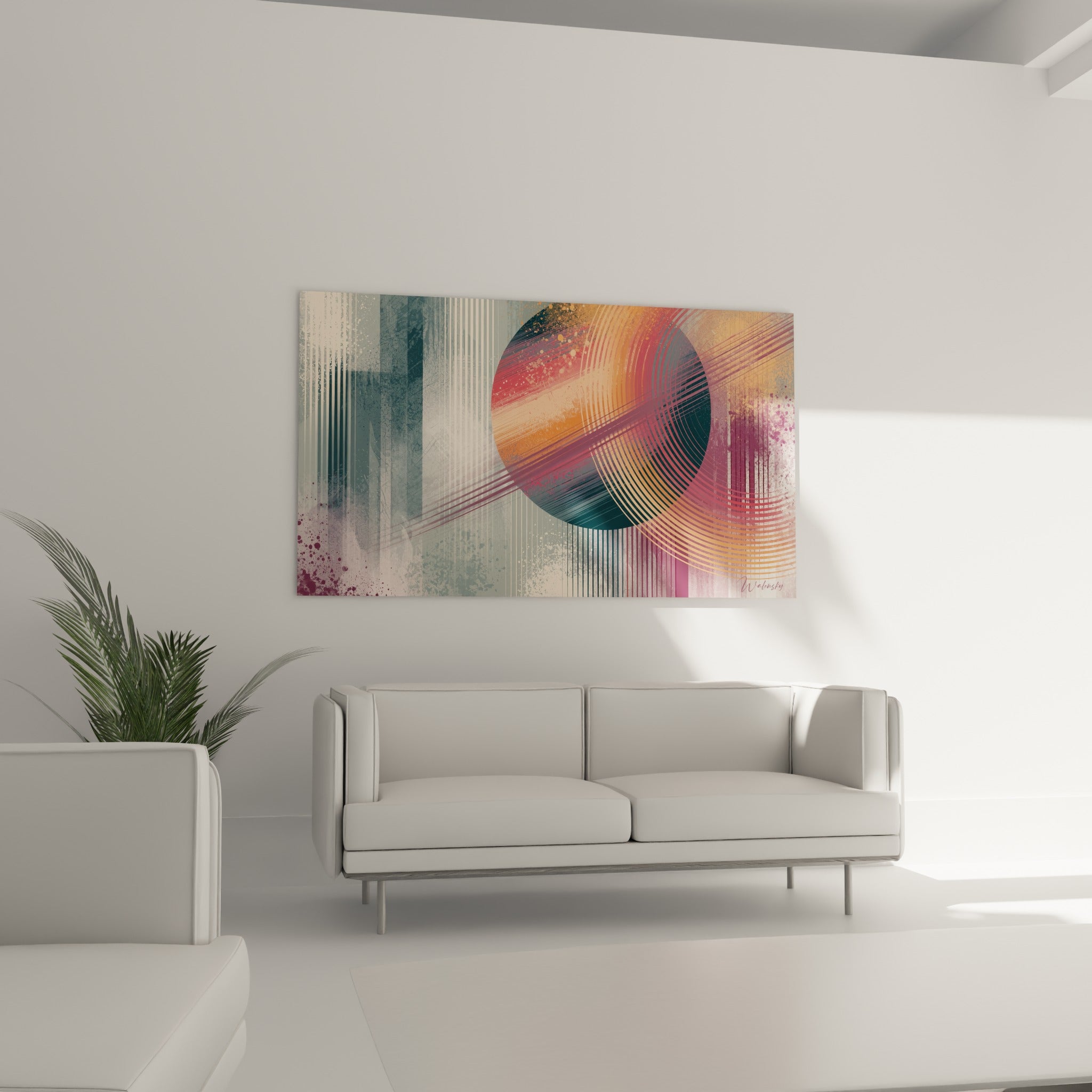 Dégradé terracotta et pétrole de la Planète circulaire suspendu au-dessus d'un canapé dans un salon lumineux