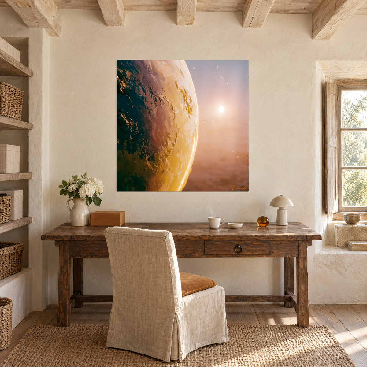 Tableau croissant planétaire ocre et vert profond, relief rugueux ciselé, ciel rose pâle, bureau en bois près d'une fenêtre