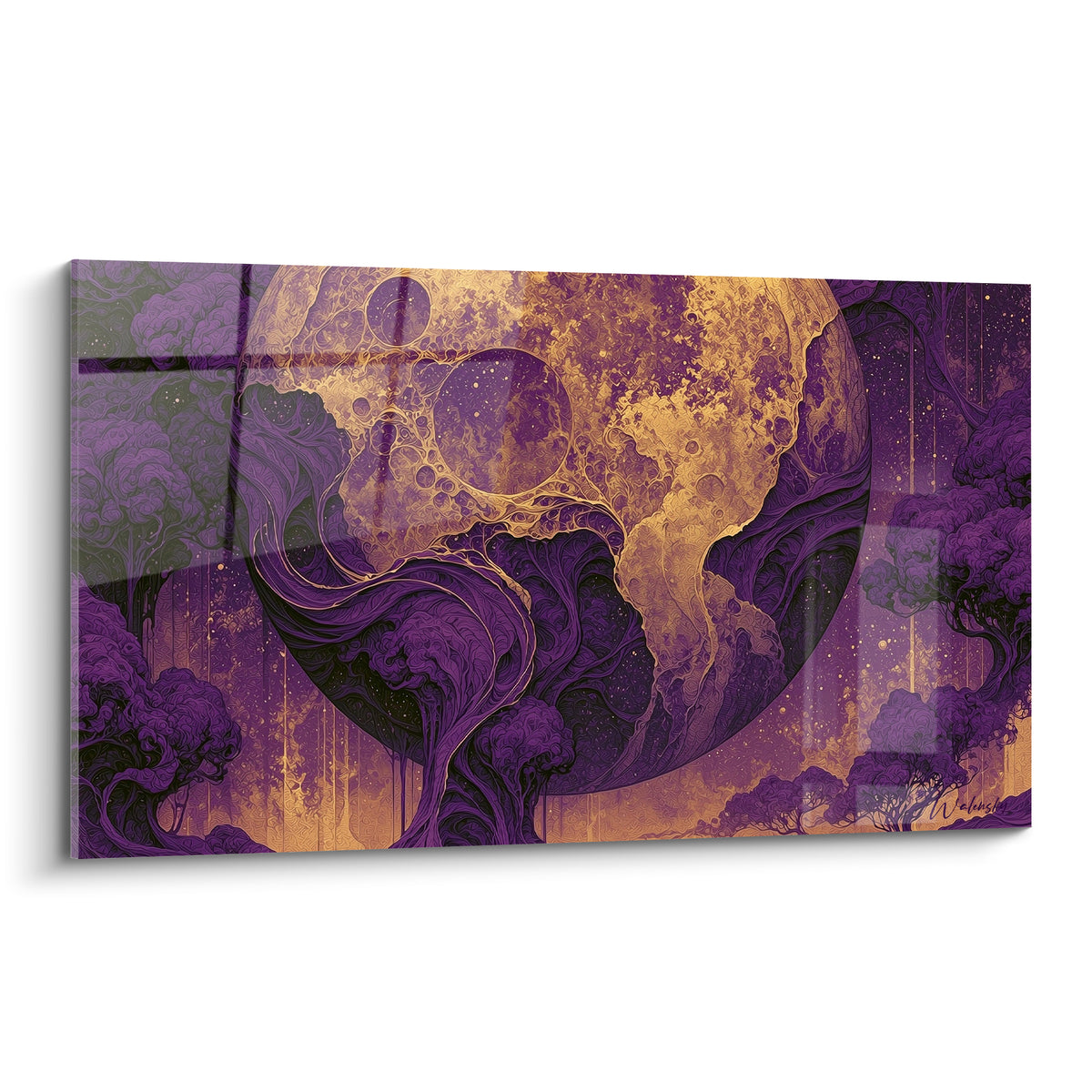 Sphère dorée cratérisée entourée d'arbres violets sinueux, style fantastique cosmique aux tons anthracite