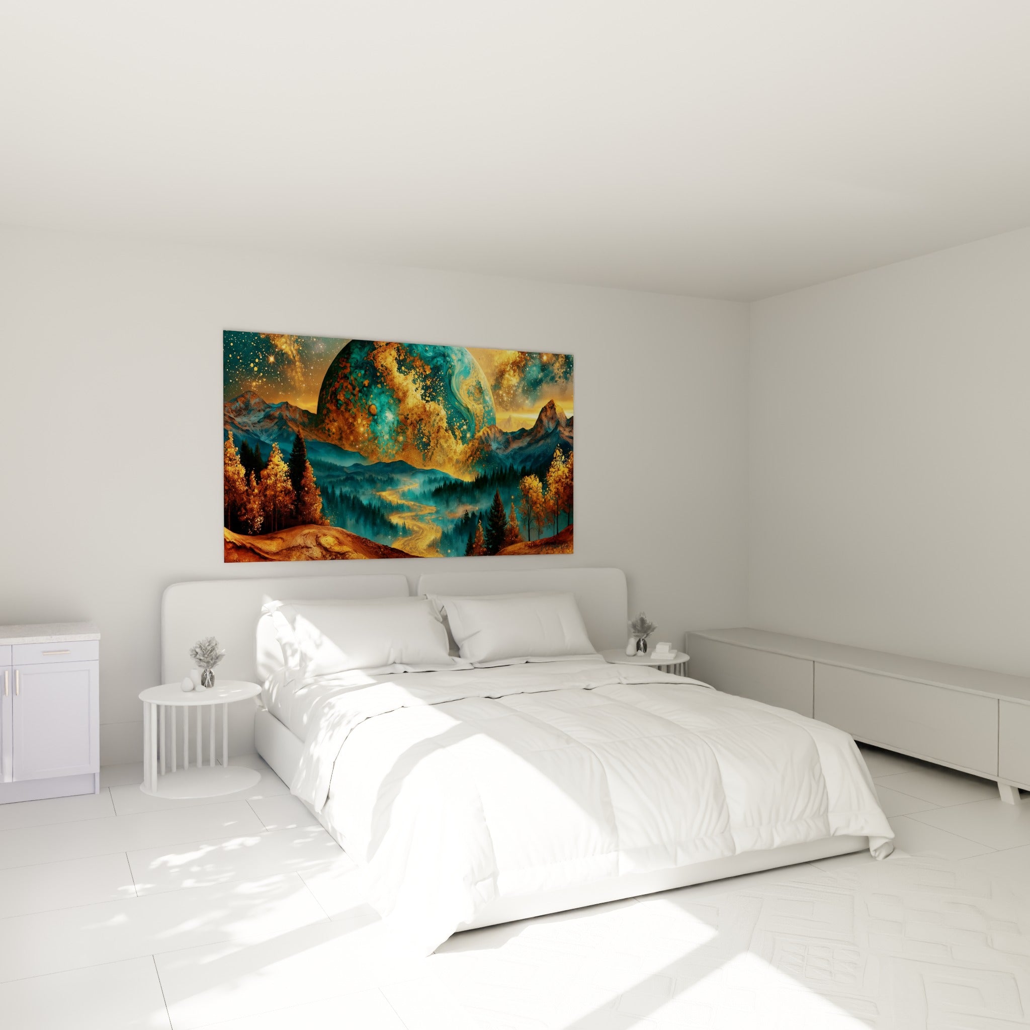 Sphère céleste turquoise et dorée illuminant une vallée, accrochée au-dessus d'un lit dans une chambre claire