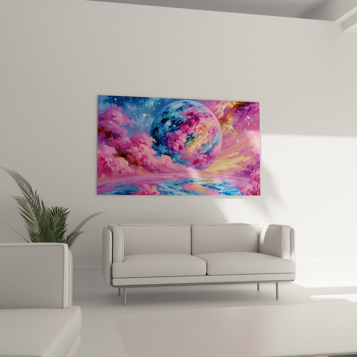 Astre coloré aux tons rose poudré et doré placé au-dessus d'un canapé dans un salon lumineux