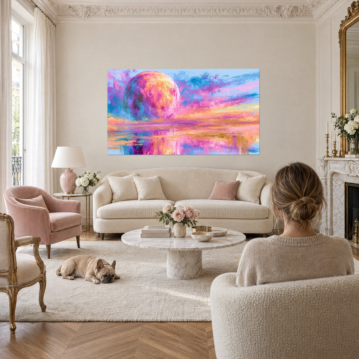 Tableau planète rose et orange flottant sur une mer miroir, ciel bleu pervenche, au-dessus d'un canapé dans un salon lumineux