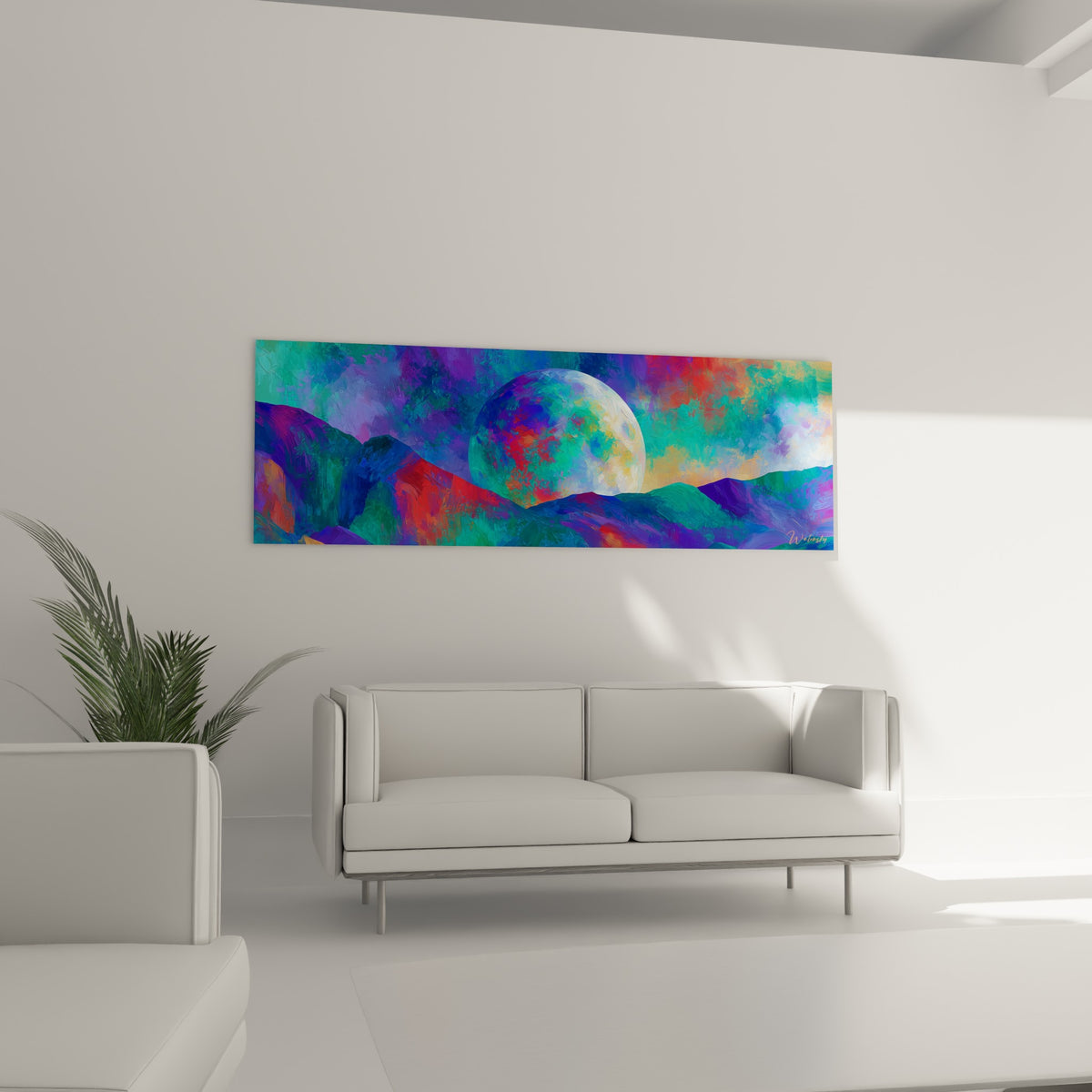 Sphère céleste dorée et turquoise, reliefs montagneux au-dessus d'un canapé dans un salon lumineux