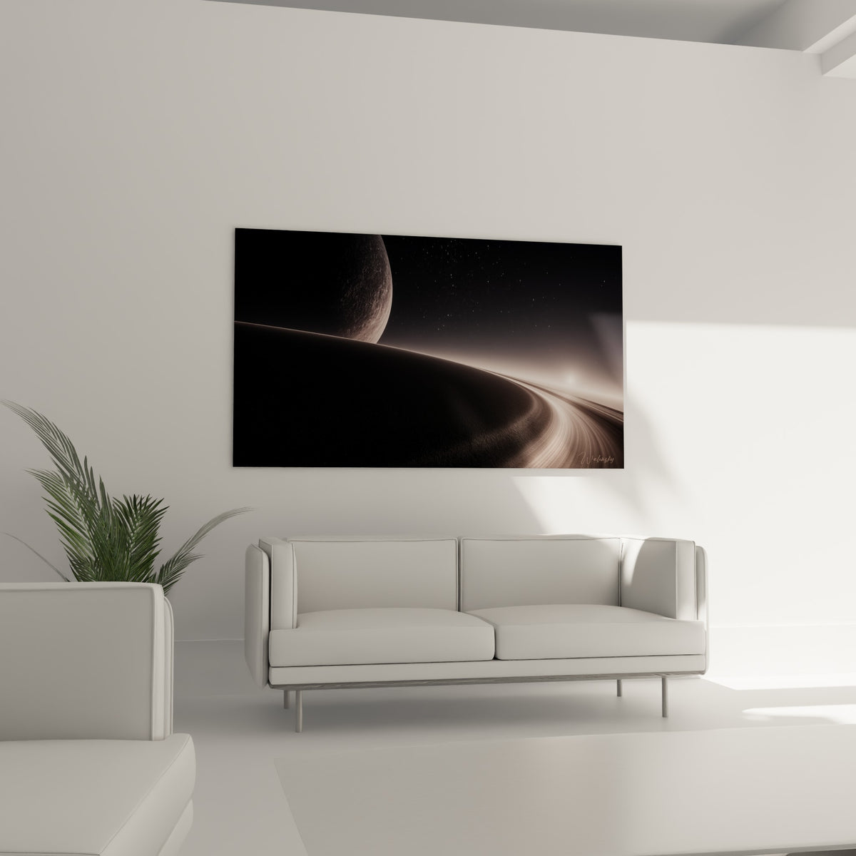 Dune anthracite et trait de lumière blanc argenté vers l'infini, au-dessus d'un canapé dans un salon lumineux