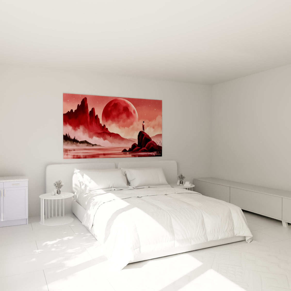 Silhouette contemplant une planète rouge sang au-dessus d'un lit dans une chambre claire, tons bordeaux et rosés