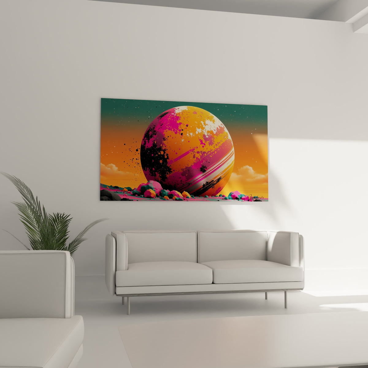 Planète orange striée de rose et de noir, suspendue au-dessus d'un canapé dans un salon lumineux