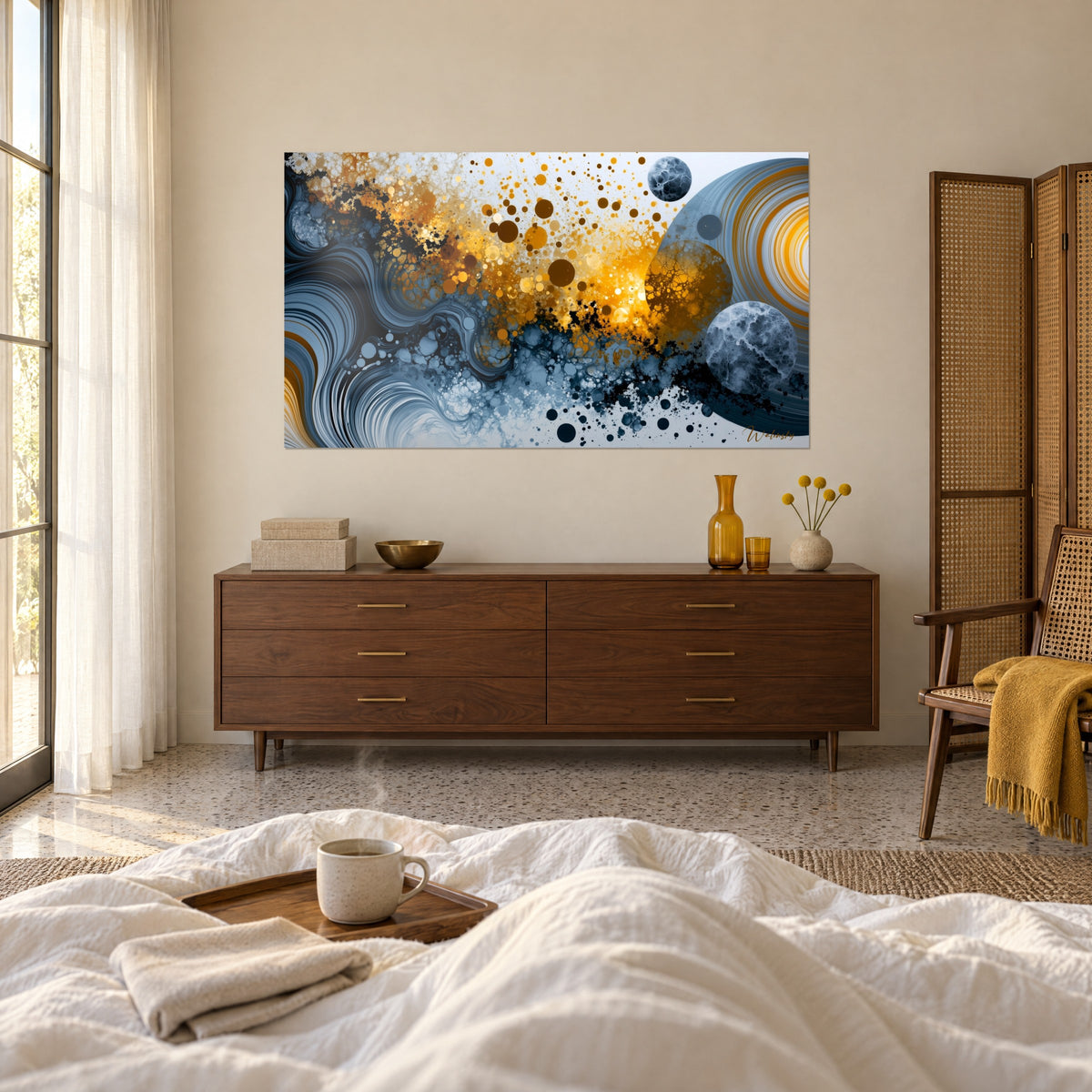Schilderij met gouden spatten op middernachtblauwe wervelingen, kleine gemarmerde manen en zwarte vlekjes, boven een bed in een lichte slaapkamer