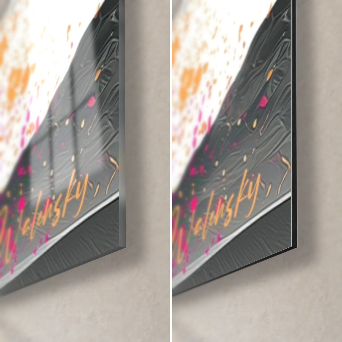 Gemälde rosa Gestirne und graue Gipfel, untere rechte Ecke: glänzendes Acrylglas links, mattschwarzes Dibond rechts, 3 mm Kante