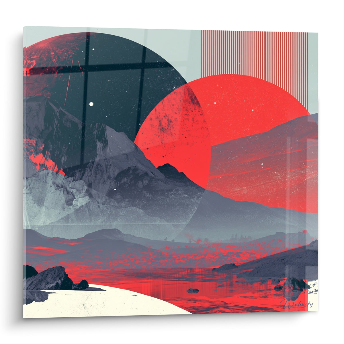Éclipse rouge et montagnes anthracite composent ce tableau Planète graphique aux étoiles éparses.