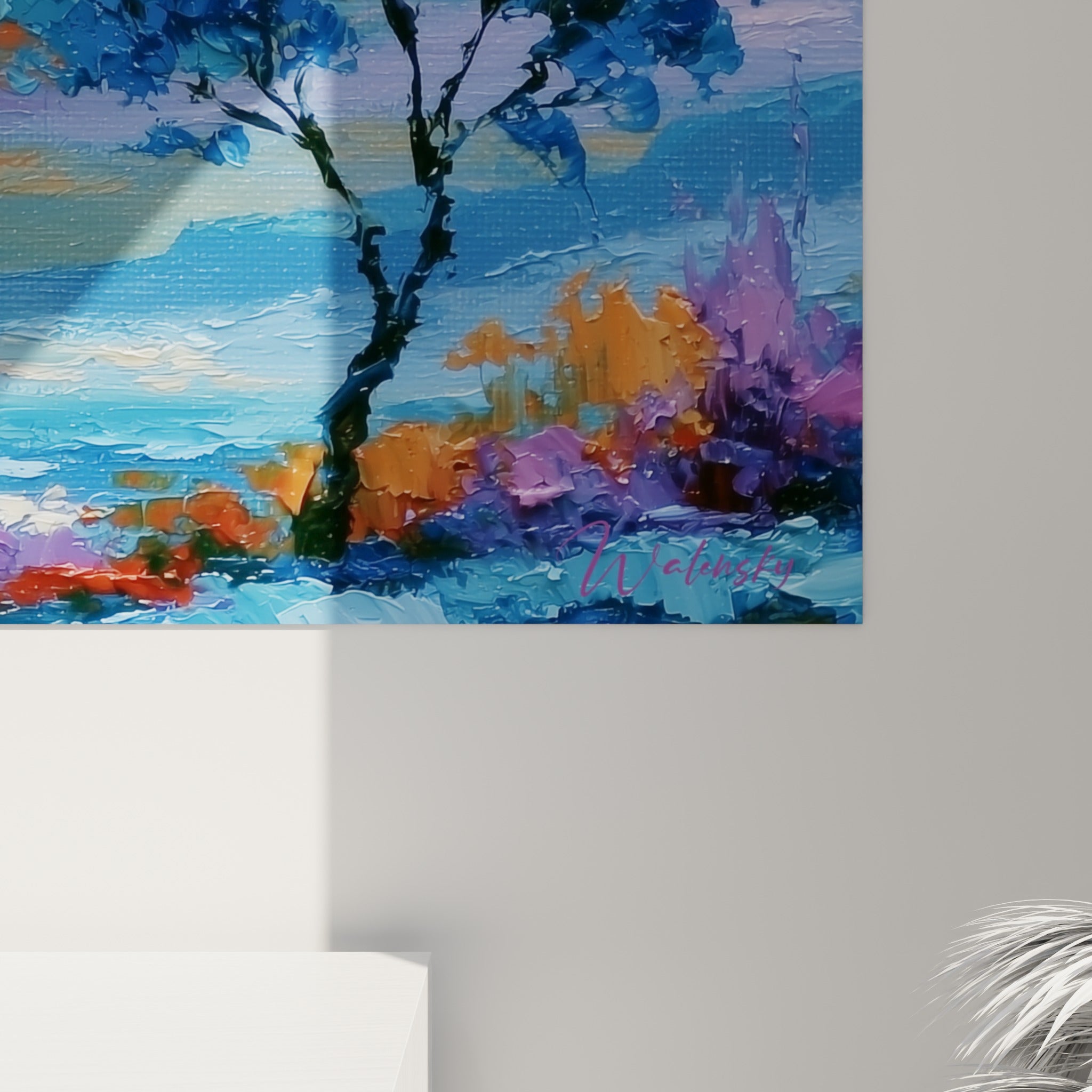 Empâtements épais mêlant bleu marine, violet et ocre révèlent la matière picturale au couteau sur la toile