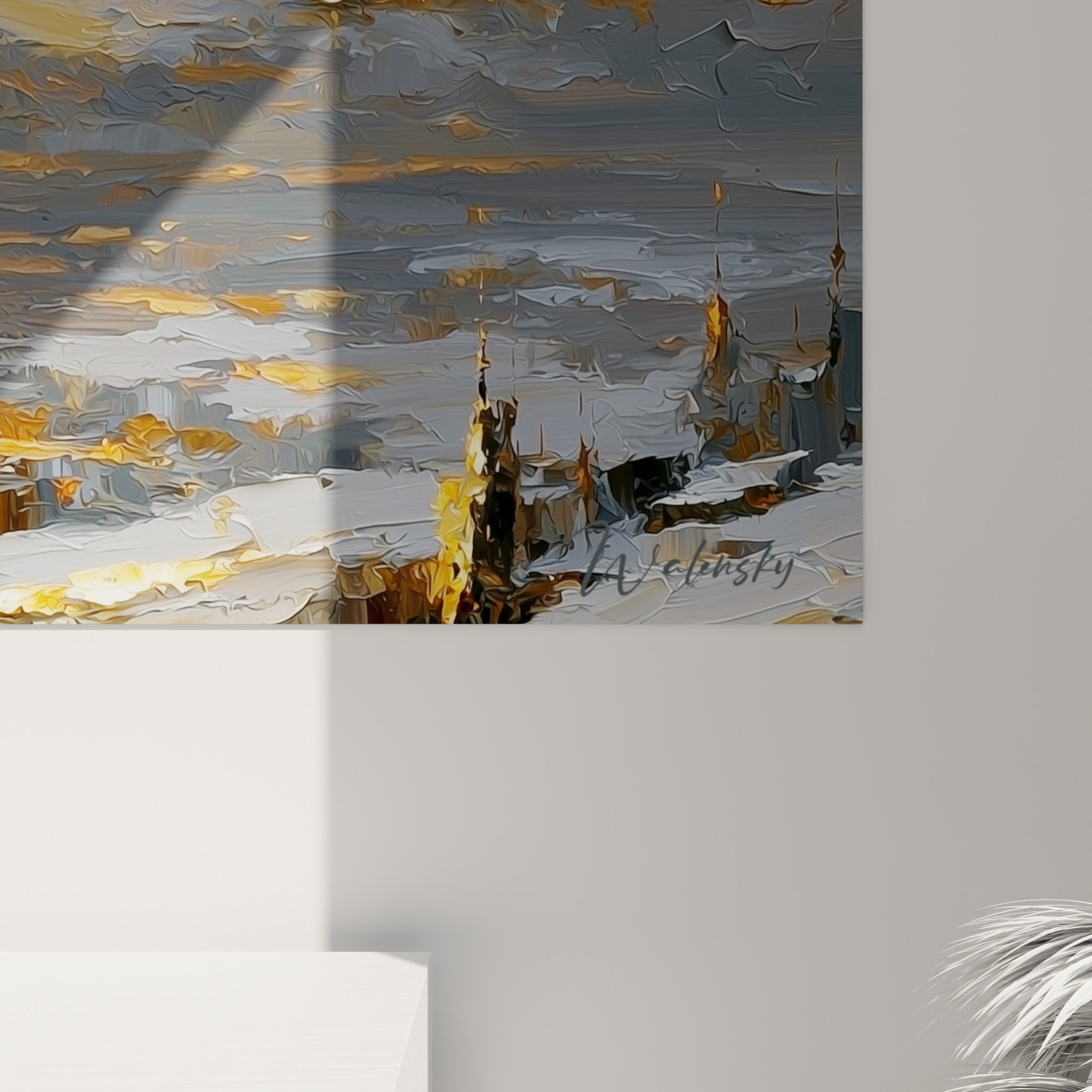 Empâtements dorés et gris argenté se mêlant en relief, matière épaisse de la peinture du tableau Planète visible de près