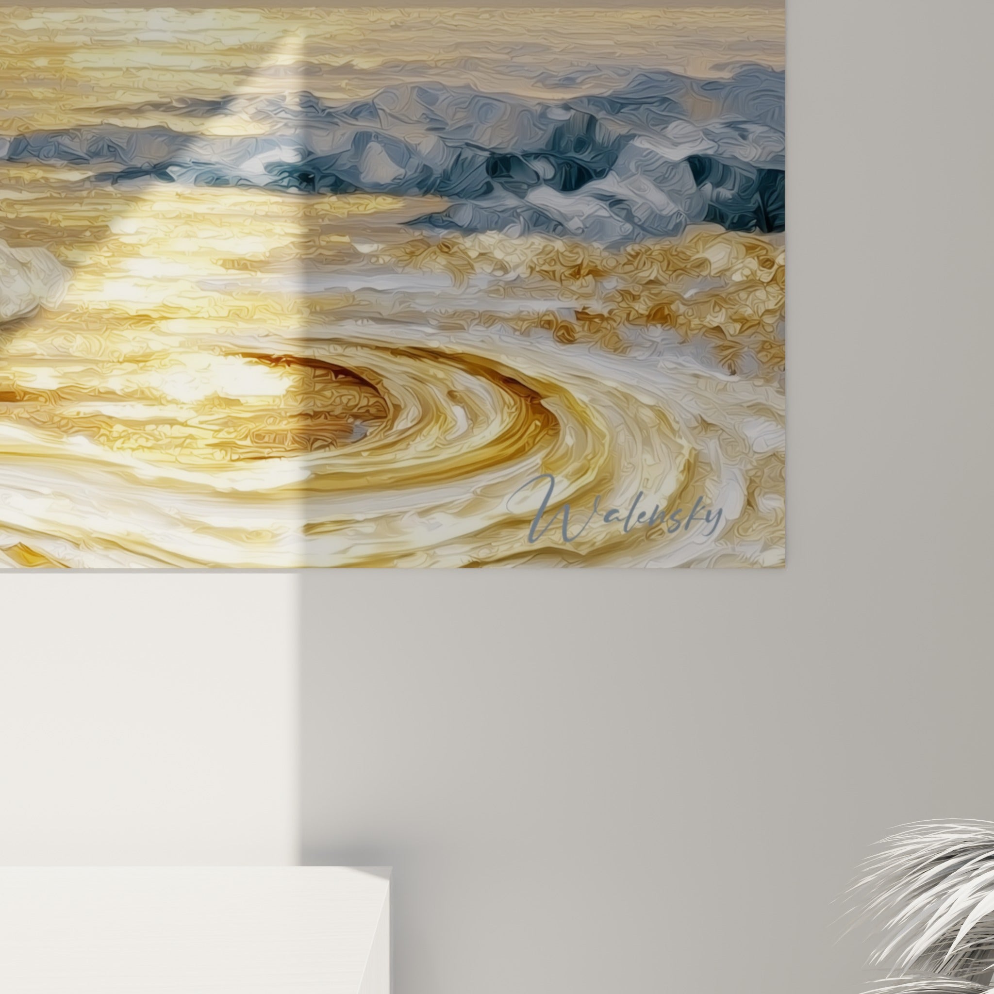 Empâtements dorés et coulures anthracite se mêlant en tourbillons denses sur la toile de la planète