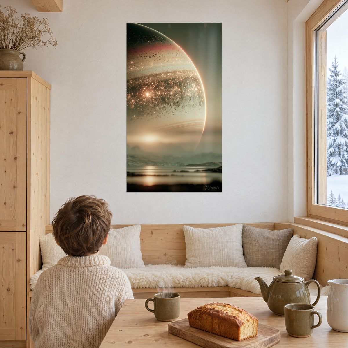 Tableau géante gazeuse constellée d'éclats dorés sur fond olive, face à une table de chalet en bois clair