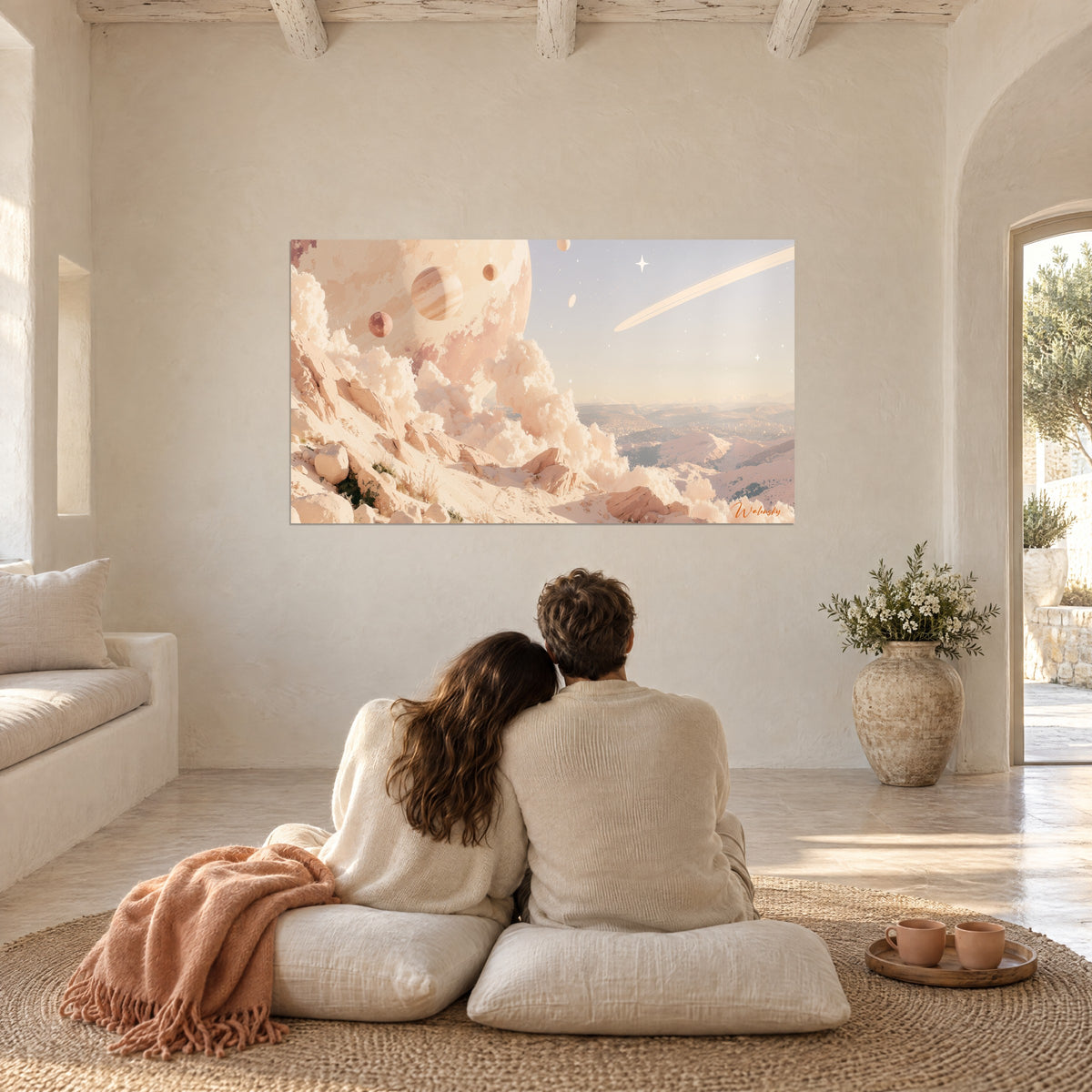 Cuadro valle brumoso bajo un anillo planetario crema y estrellas blancas, pareja de espaldas sobre cojines en el salón