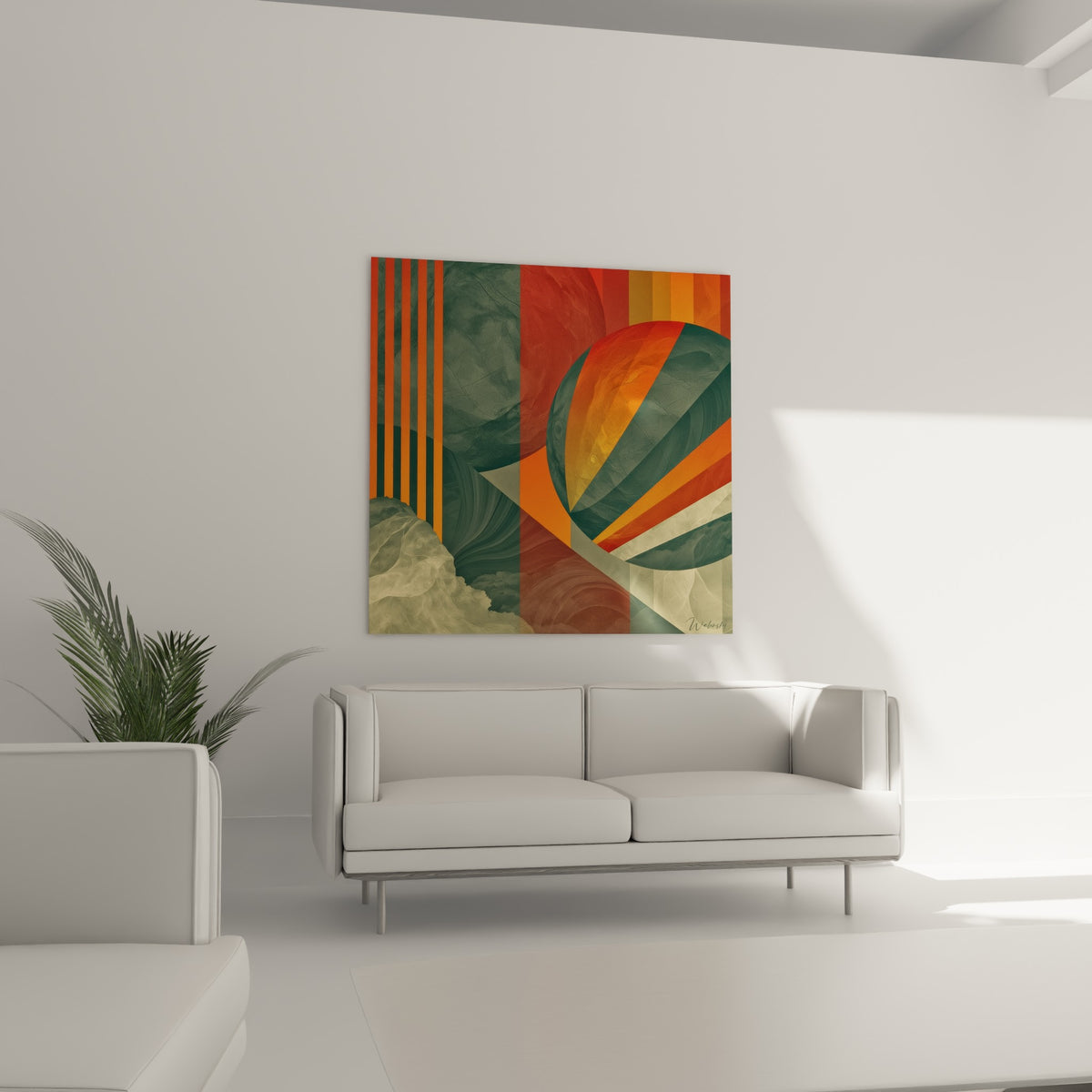 Éventail coloré vert et corail de cette œuvre Planète au-dessus d'un canapé dans un salon lumineux