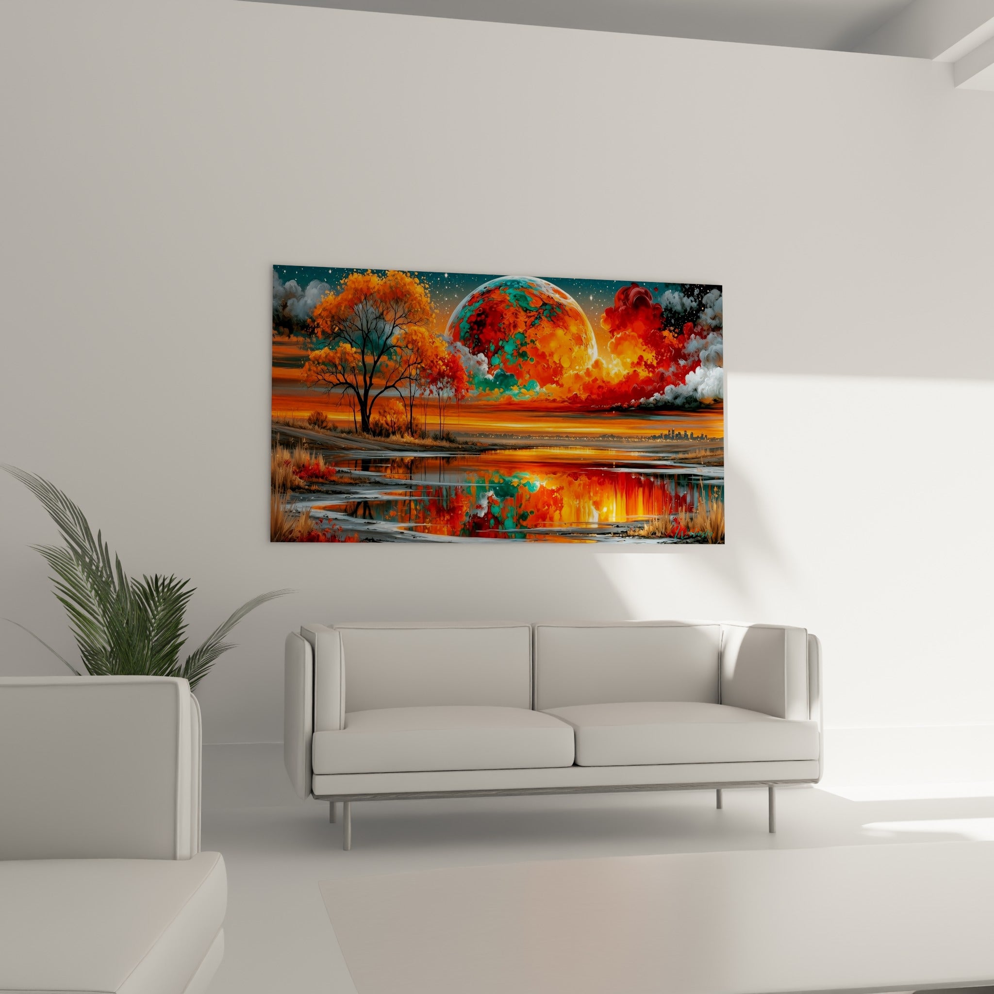 Explosion cosmique rouge et turquoise se reflétant sur l'eau, disposée au-dessus d'un canapé dans un salon lumineux