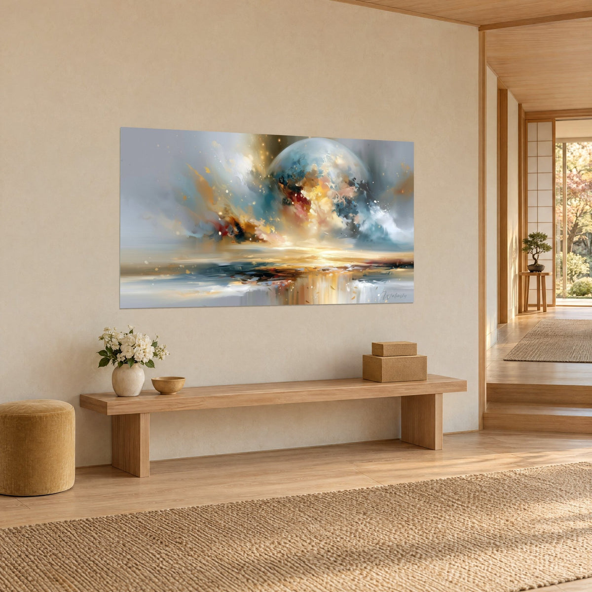 Schilderij parelmoerkleurig hemellichaam tegen een parelgrijze lucht, accenten in karmijnrood en goud, tegenover een houten bank, driekwart zicht op een japandi gang