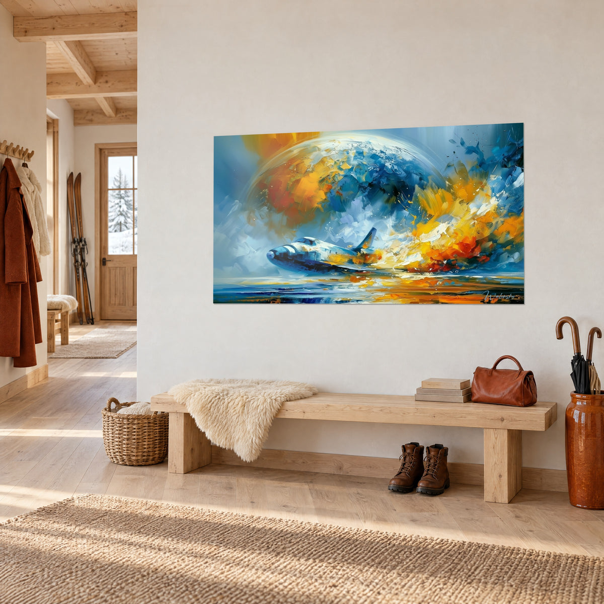 Tableau orbiteur effilé en coups de couteau, azur et jaune safran, mur blanc d'un couloir de chalet près d'un banc en bois