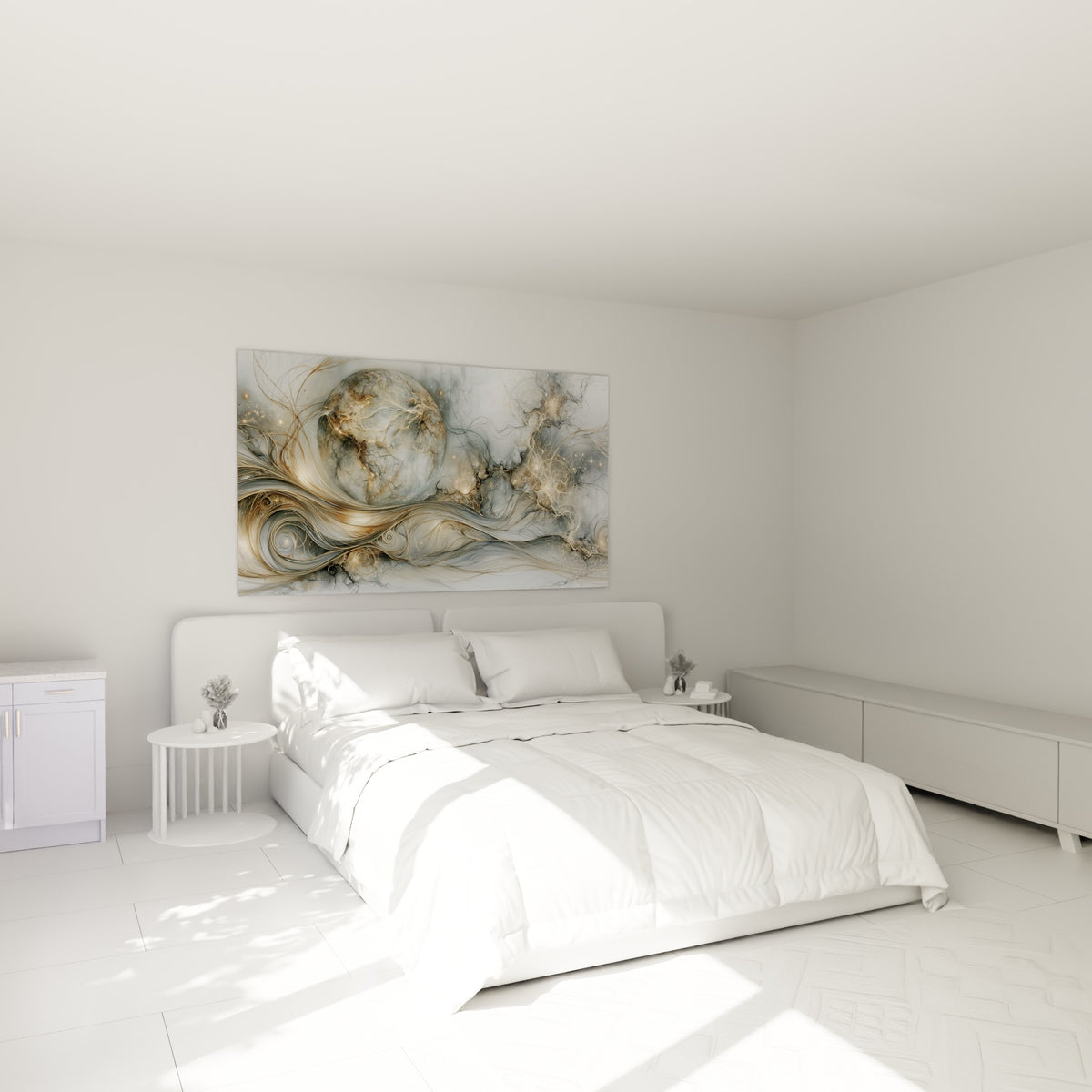 Volutes dorées et grises enveloppant un globe stylisé, accrochées au-dessus d'un lit dans une chambre claire.