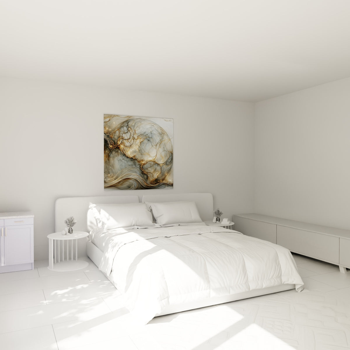 Sphère Planète ocre et grise aux filaments lumineux, accrochée au-dessus d'un lit dans une chambre claire