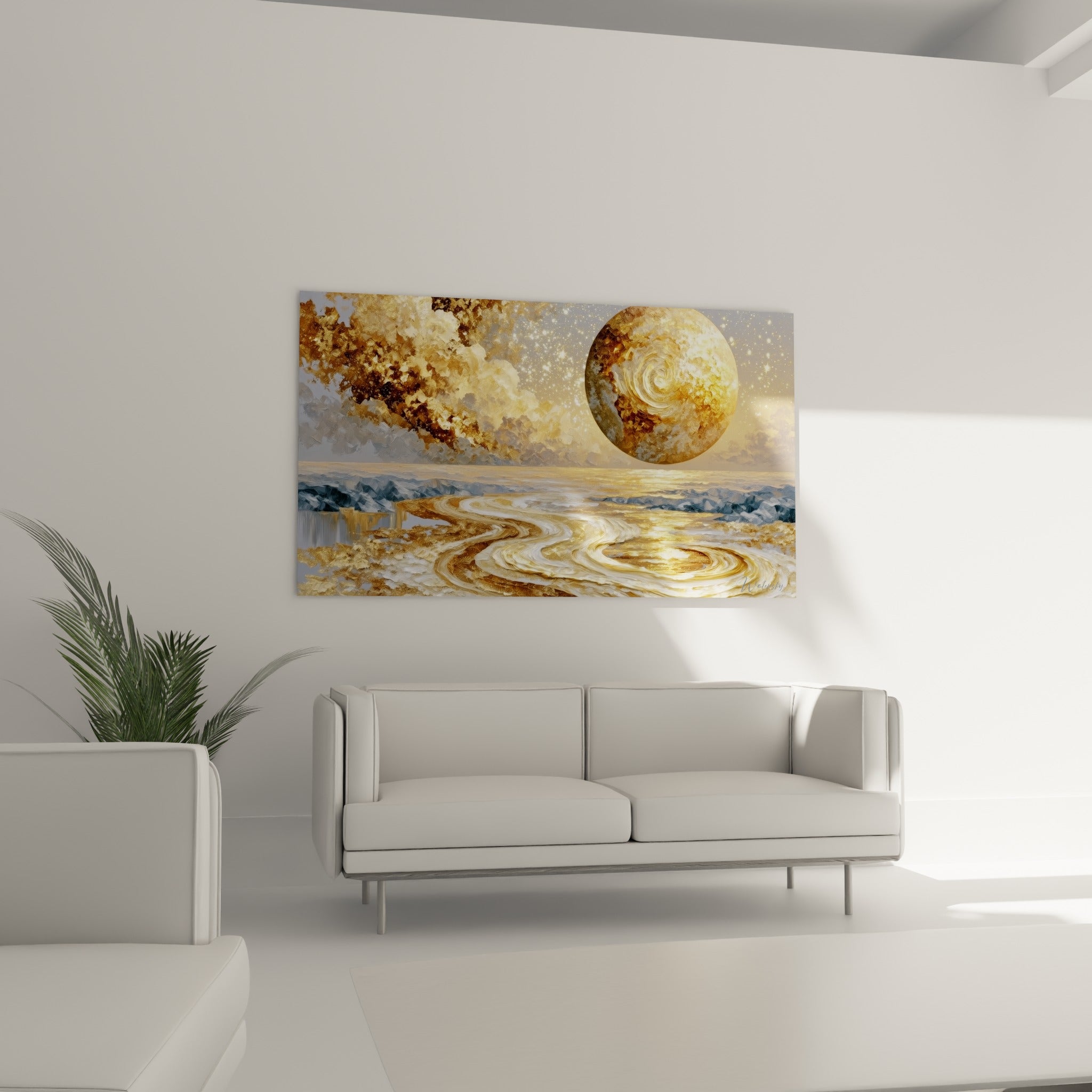 Astre doré aux reflets ocre flottant sur un fleuve argenté, au-dessus d'un canapé dans un salon lumineux