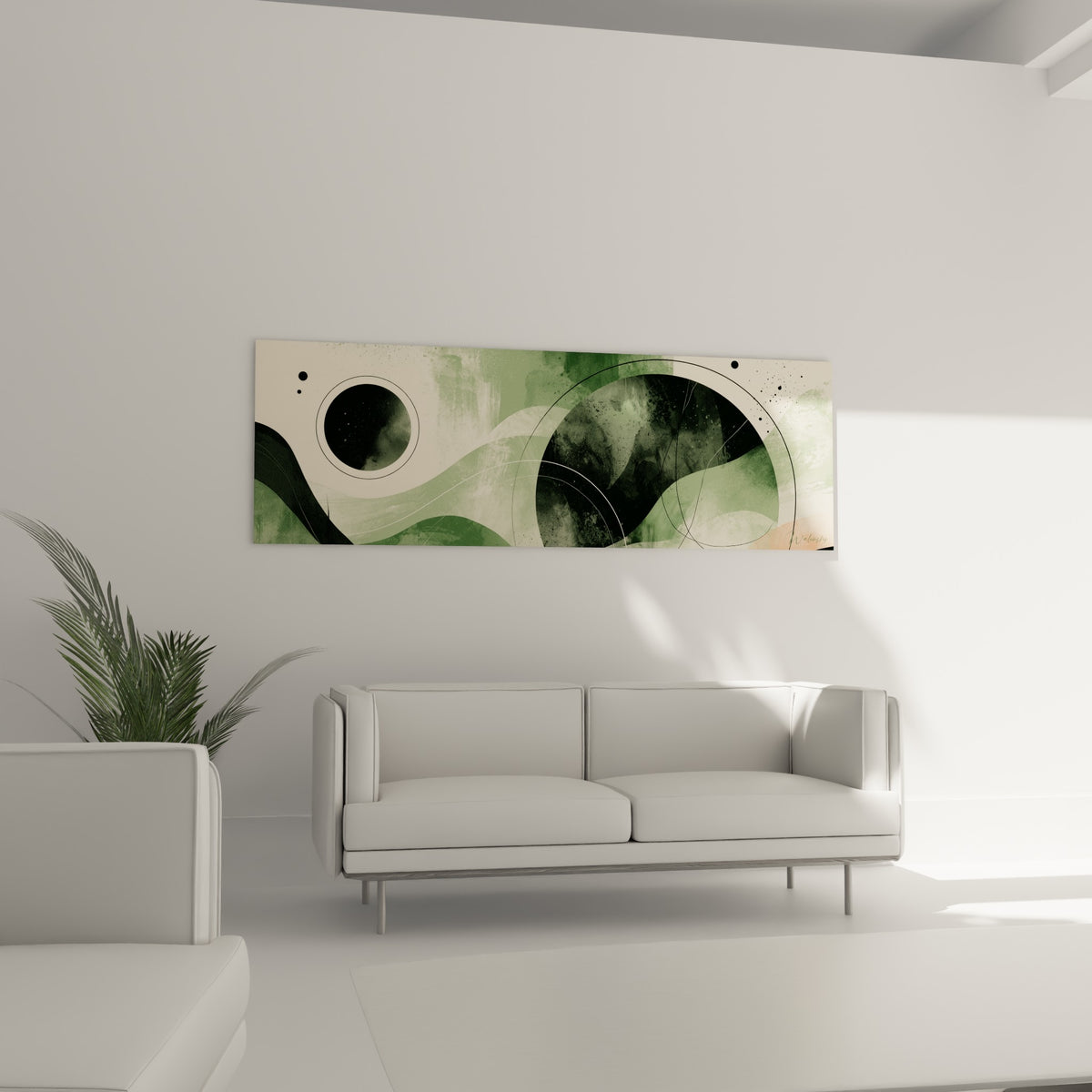 Formes Planète vert sauge et rose poudré superposées à des lignes fines, au-dessus d'un canapé dans un salon lumineux