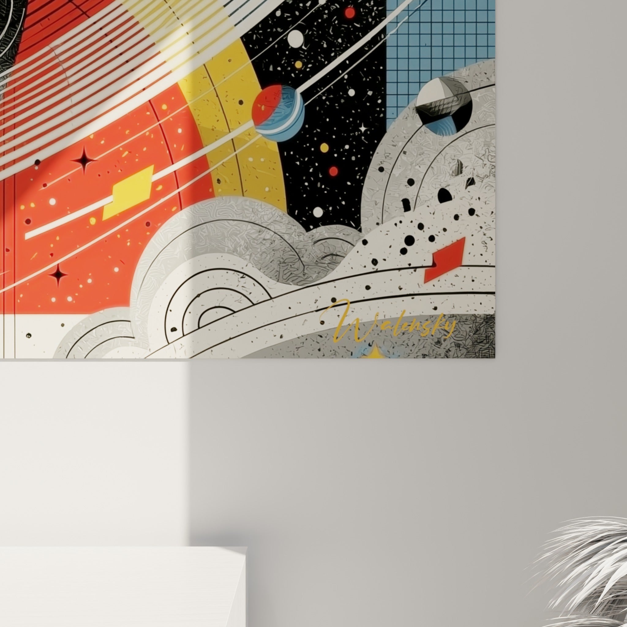 Détail des motifs concentriques jaune moutarde et bleu pétrole, grain texturé et lignes fines entrelacées