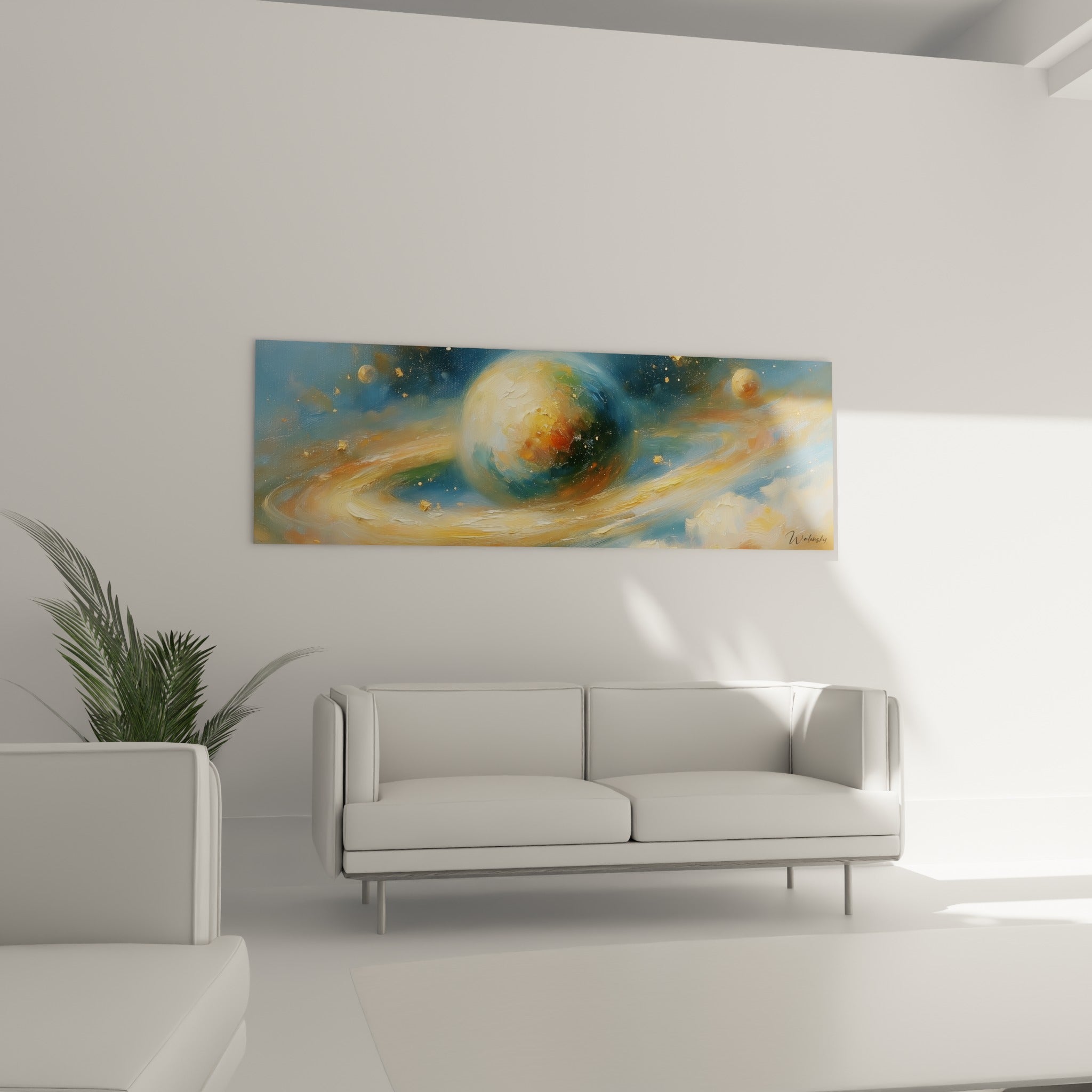 Planète bleu profond et orangée entourée de tourbillons dorés au-dessus d'un canapé dans un salon lumineux