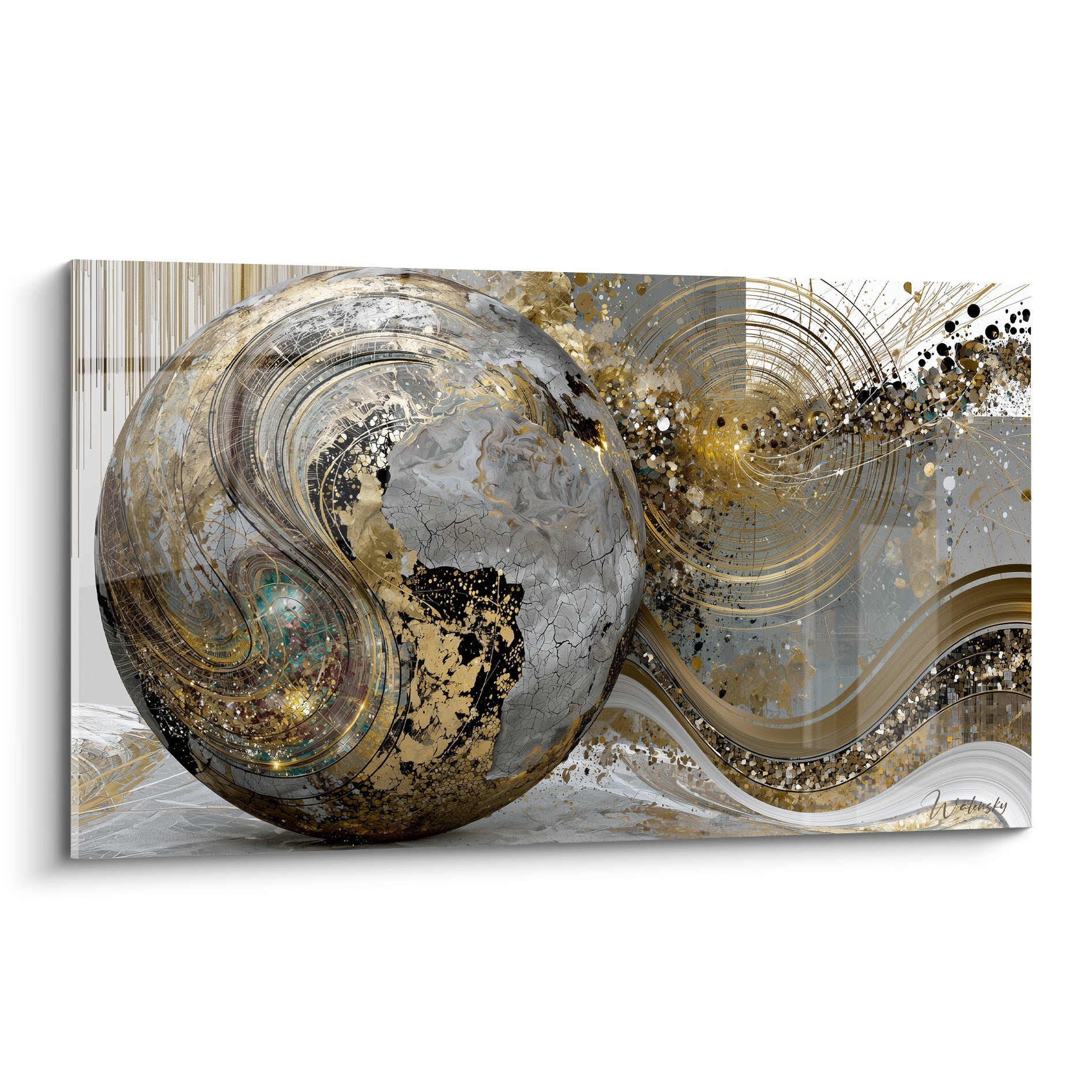 Globe terrestre doré et gris marbré, surface craquelée, tourbillons argentés sur fond clair