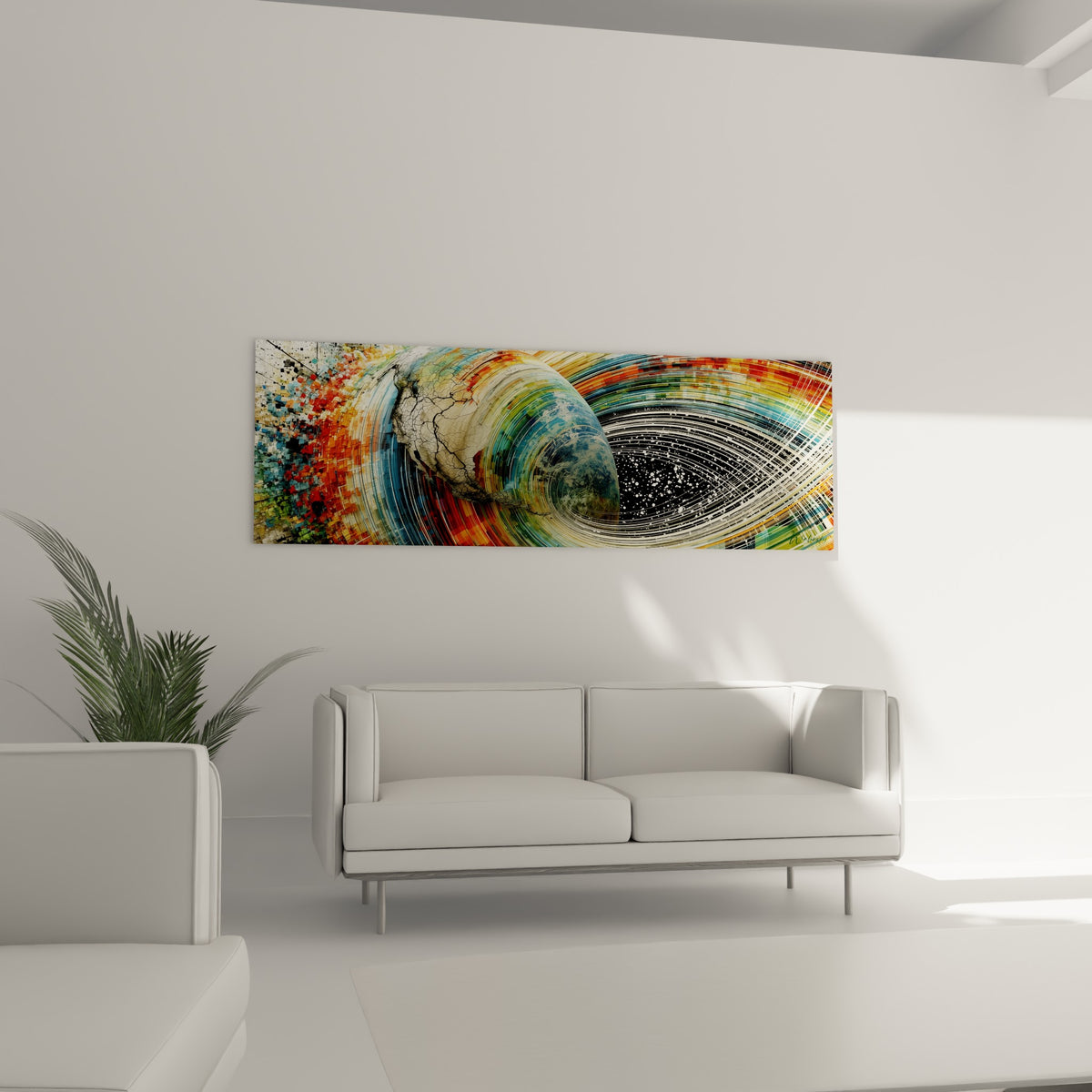 Vortex cosmique orange et anthracite entourant un globe terrestre, au-dessus d'un canapé dans un salon lumineux