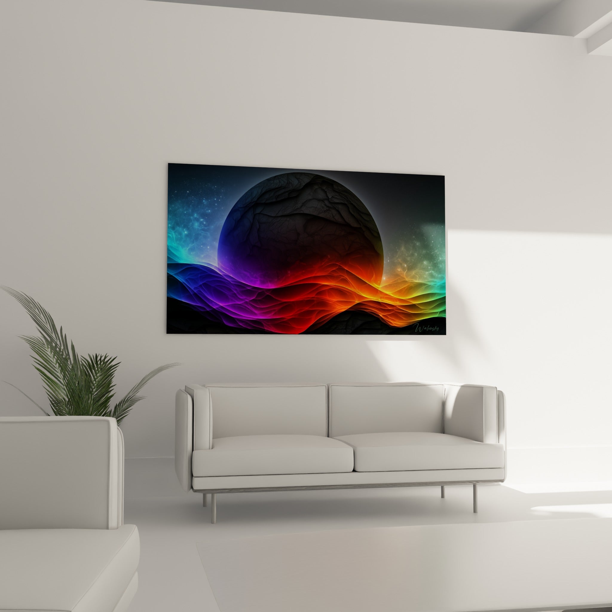 Globe minéral gris et flux orangé traversant ce tableau planète au-dessus d'un canapé dans un salon lumineux
