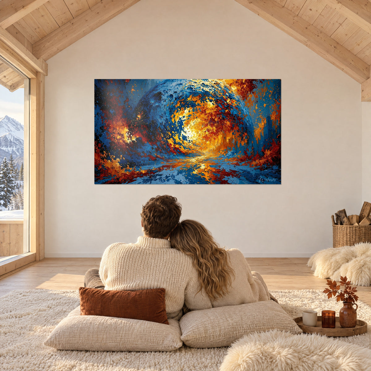 Tableau globe lunaire spiralé de flammes safran et bleu outremer, texture à la spatule, sous la charpente d'un chalet de montagne
