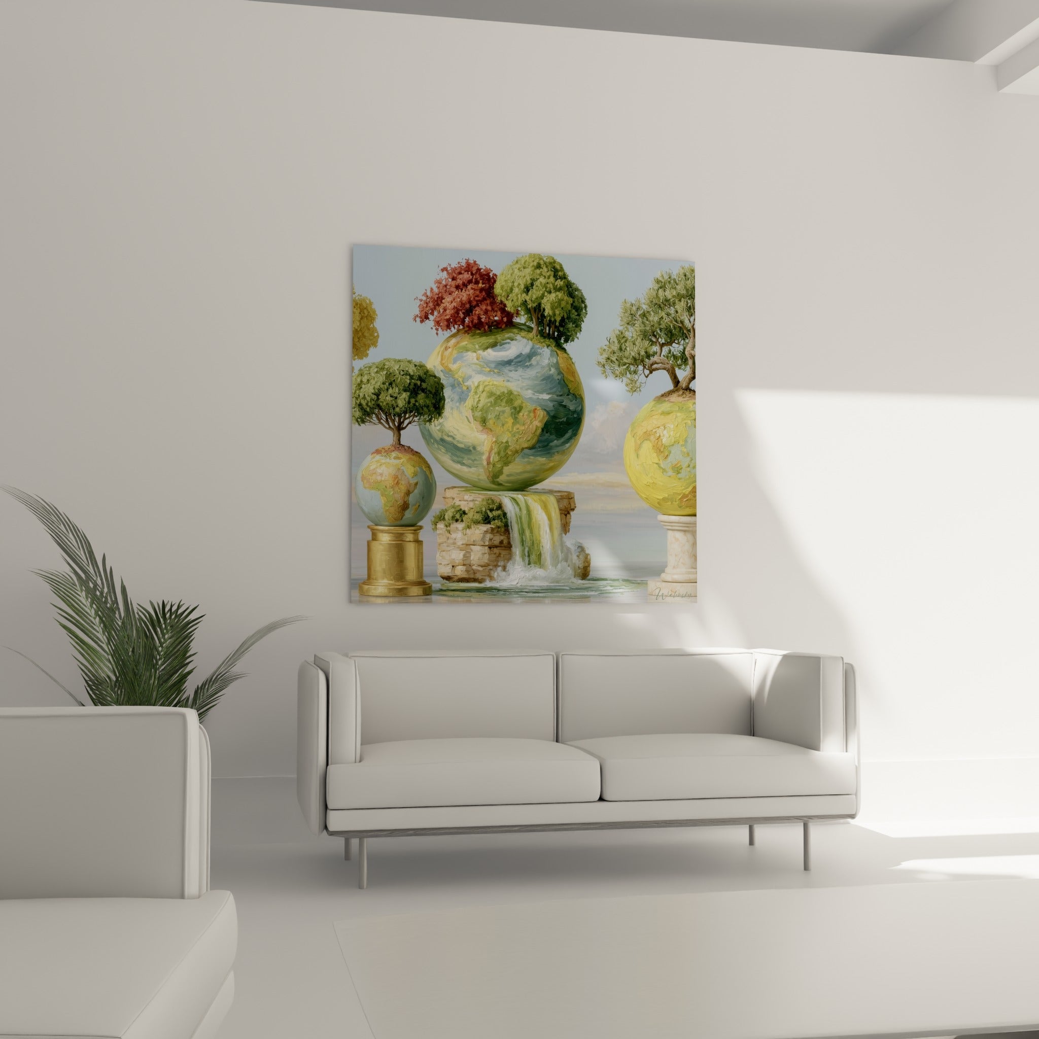 Planètes verdoyantes et dorées ornées de feuillages, tableau Planète disposé au-dessus d'un canapé dans un salon lumineux
