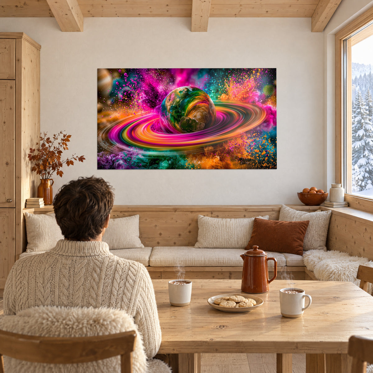 Tableau monde en orbite entouré d'anneaux roses, verts et orange, jaillissements de pigments, face à une table en bois de chalet