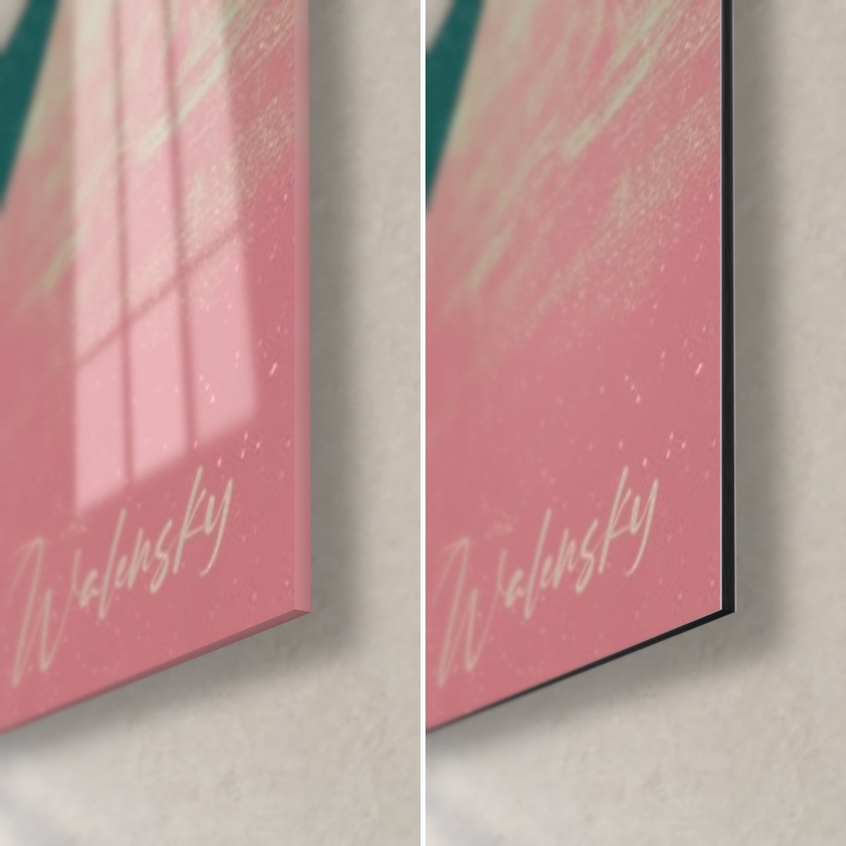 Wall art sphere in pink and dark green, bottom right corner: glossy acrylic glass on the left, matte Dibond on the right, 3 mm edge