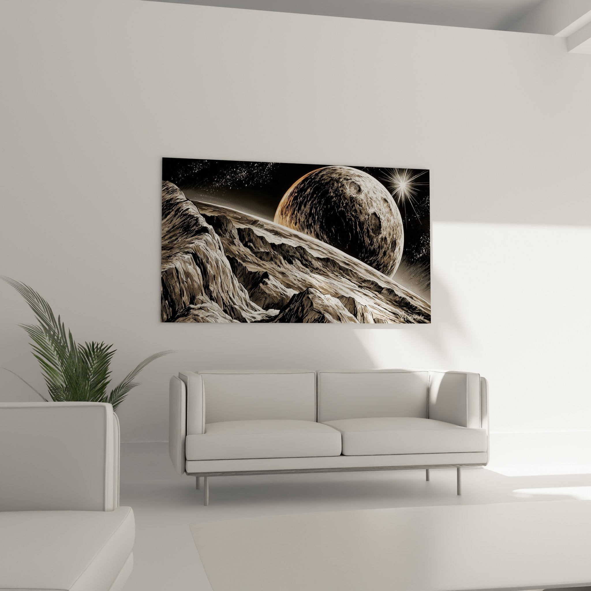 Crêtes rocheuses grises et lune ocre du tableau Planète disposées au-dessus d'un canapé dans un salon lumineux