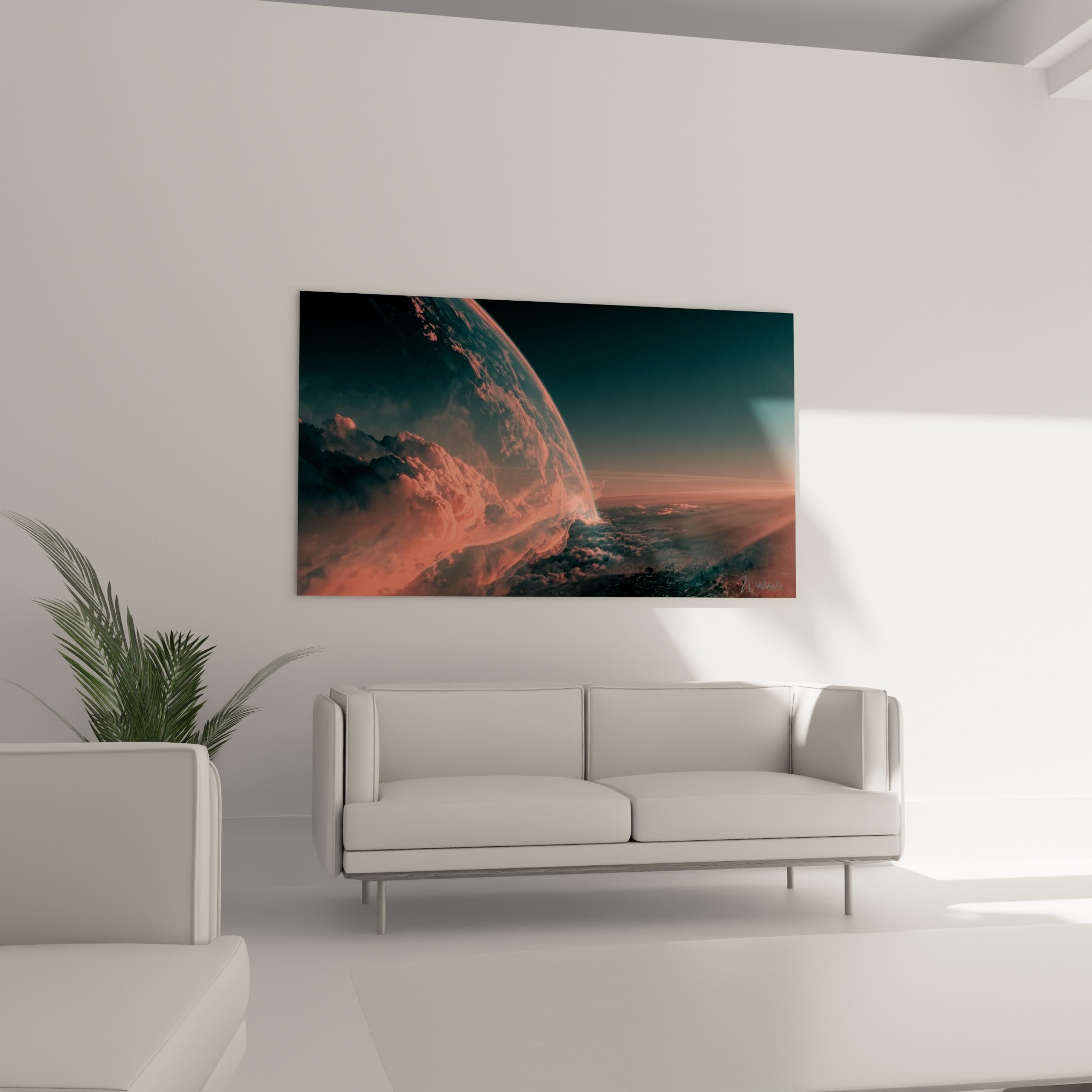 Horizon spatial anthracite et corail accroché au-dessus d'un canapé dans un salon lumineux