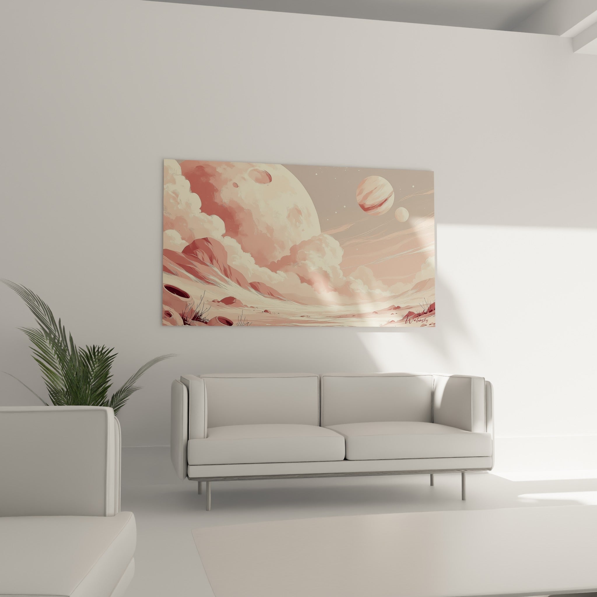 Paysage planète beige et rose accroché au-dessus d'un canapé dans un salon lumineux