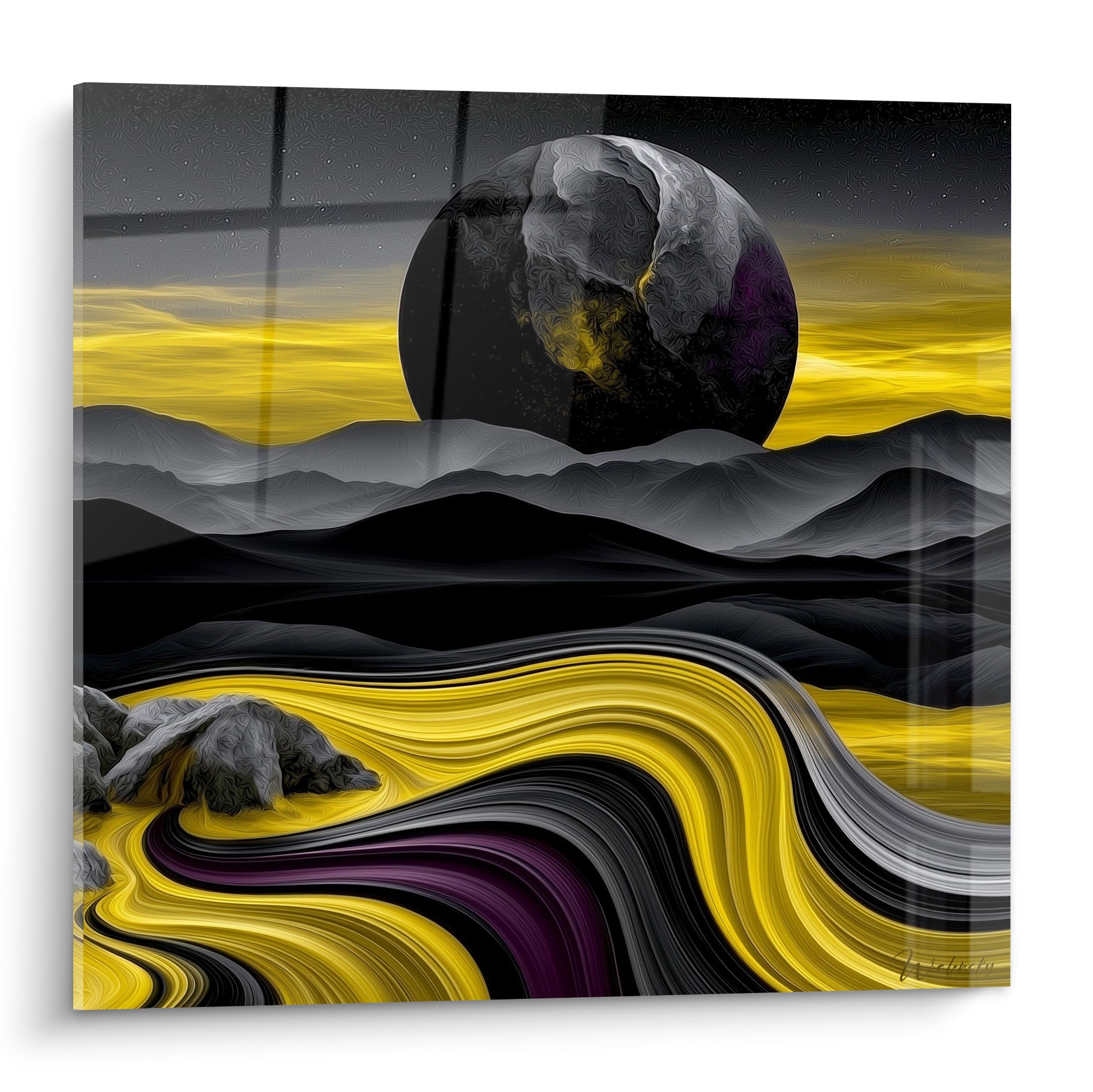 Astre anthracite et violet s'élevant sur des dunes jaunes et noires ondulantes, tableau Planète