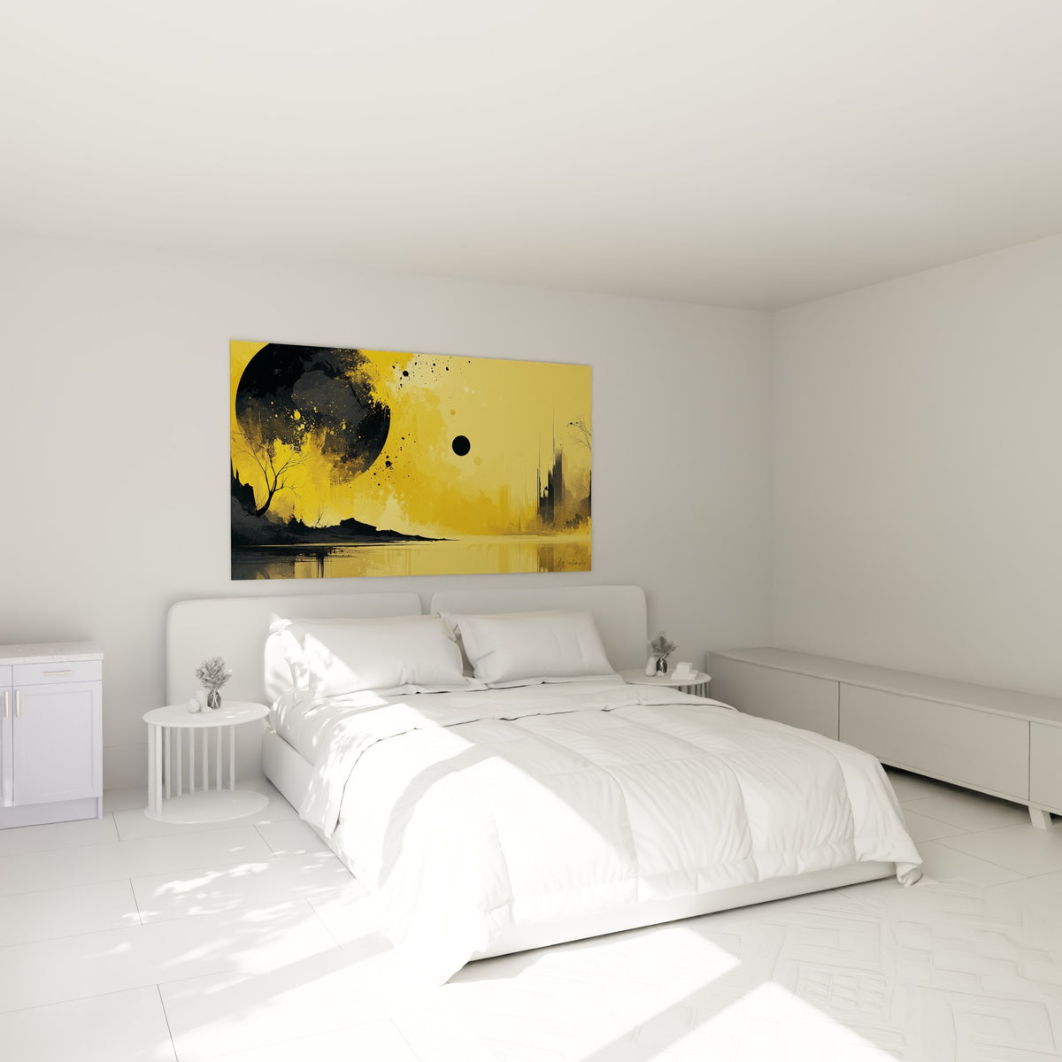 Sphère anthracite et lac doré composant ce tableau Planète, accroché au-dessus d'un lit dans une chambre claire